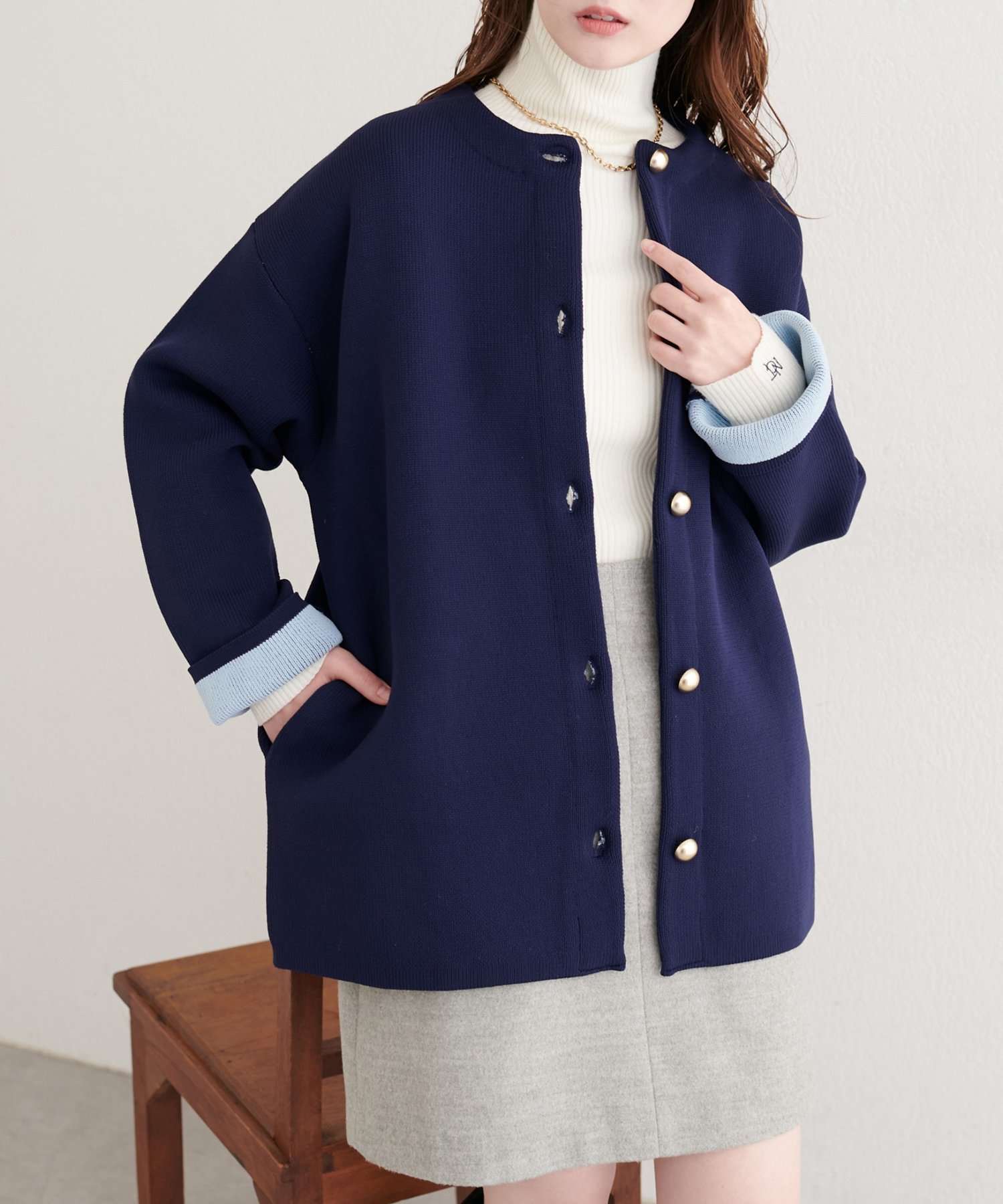 natural couture(ナチュラルクチュール) 【WEB限定】配色プレーティングポリニットカーデ