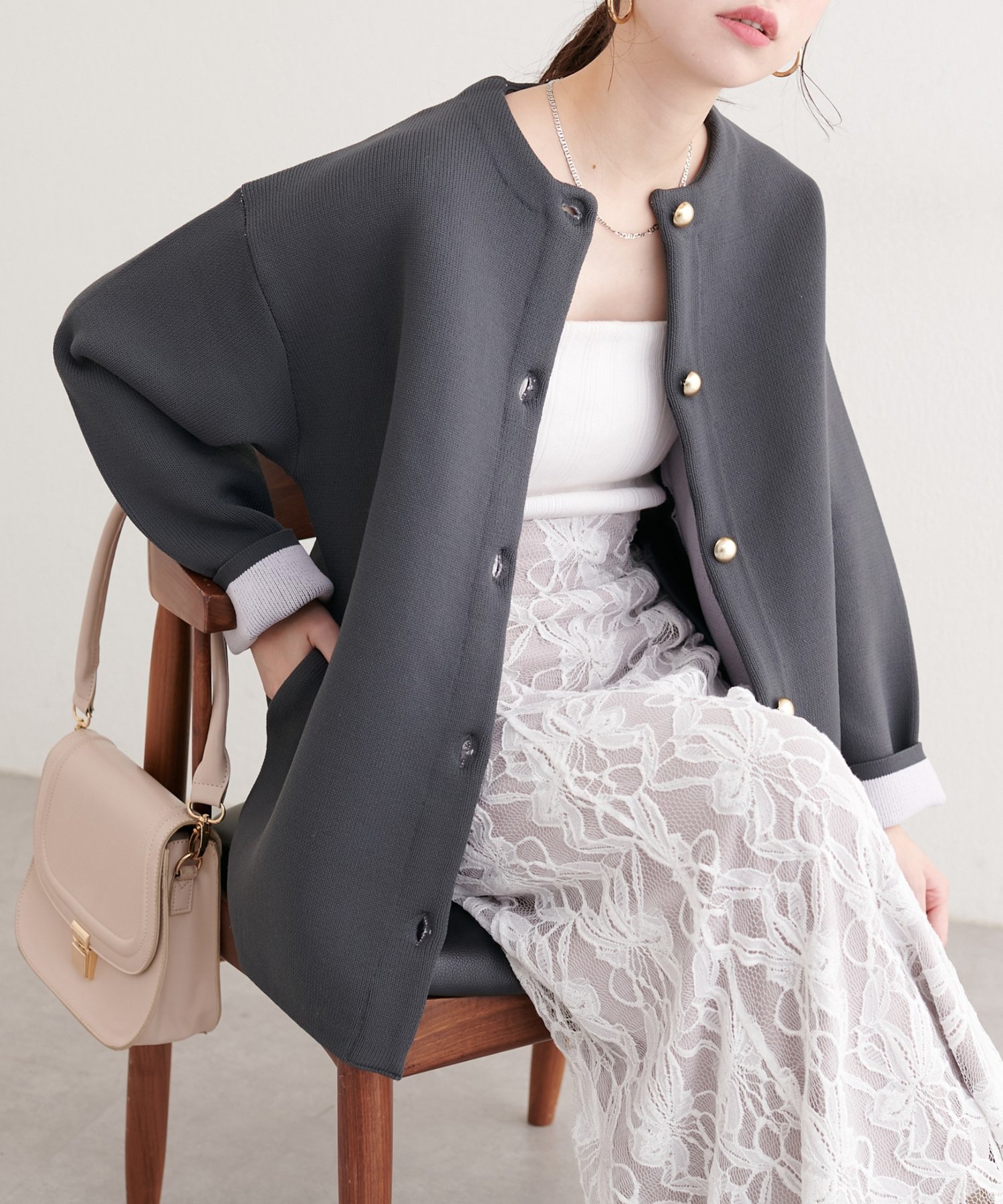 natural couture(ナチュラルクチュール) 【WEB限定】配色プレーティングポリニットカーデ