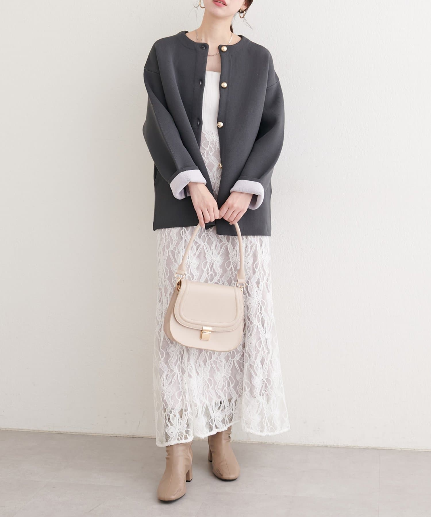 natural couture(ナチュラルクチュール) 【WEB限定】配色プレーティングポリニットカーデ