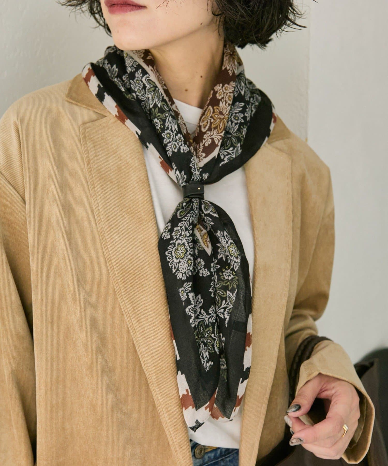 OUTLET(アウトレット) 【ear PAPILLONNER】レザーリング付き2色花柄ストール