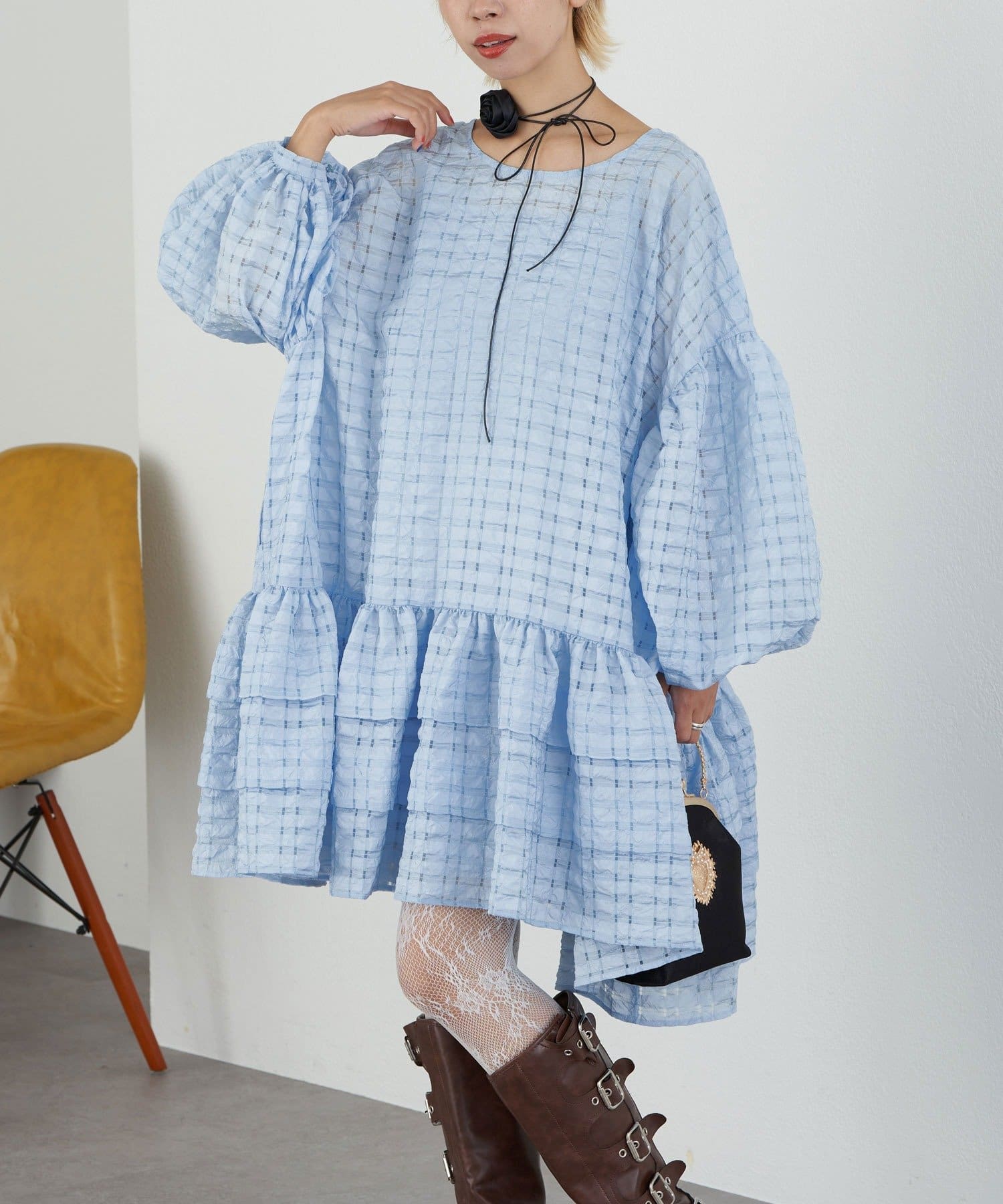 OUTLET(アウトレット) 【Ciaopanic】【Lumé】シアーェックBIGタイボリュームミニドレス