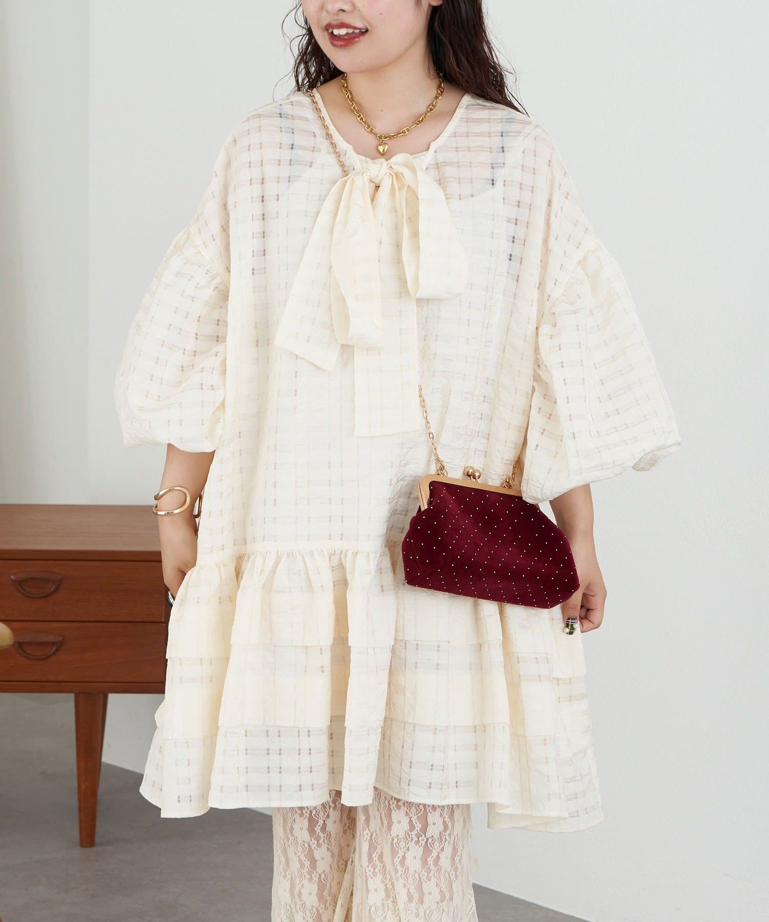 OUTLET(アウトレット) 【Ciaopanic】【Lumé】シアーェックBIGタイボリュームミニドレス