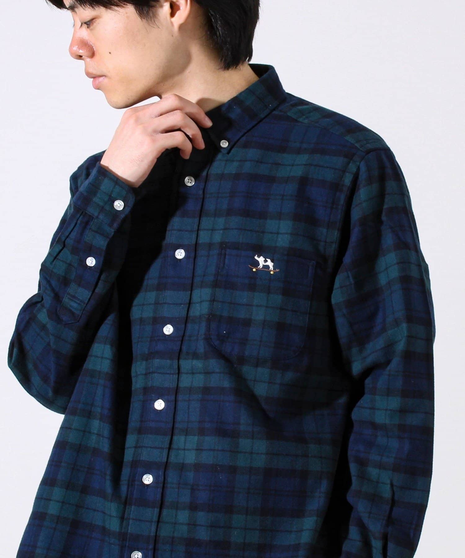 FREDY & GLOSTER(フレディ アンド グロスター) 【定番フレブルシリーズ】フレンチブルドッグ刺繍 ボタンダウンネルシャツ