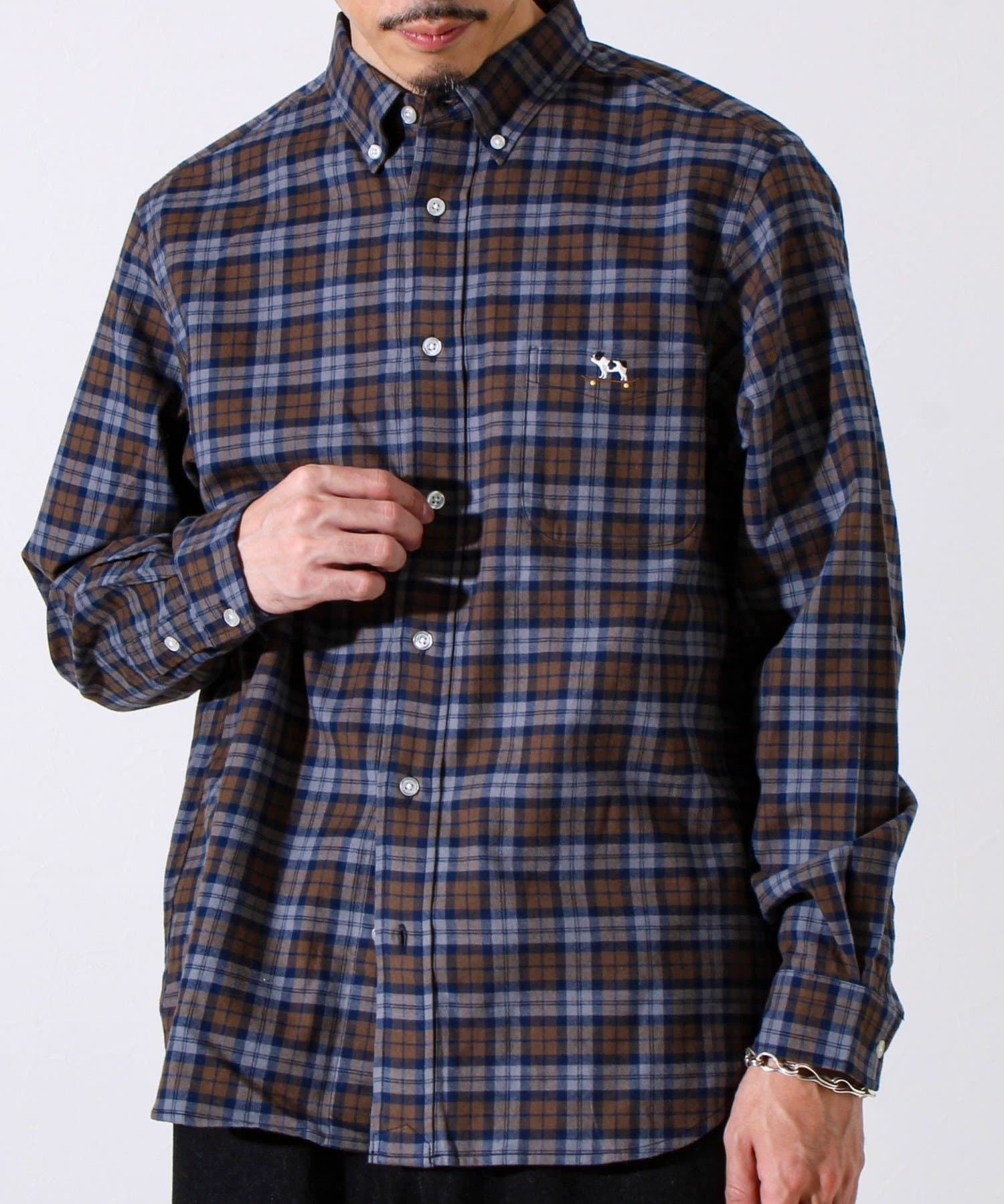 FREDY & GLOSTER(フレディ アンド グロスター) 【定番フレブルシリーズ】フレンチブルドッグ刺繍 ボタンダウンネルシャツ