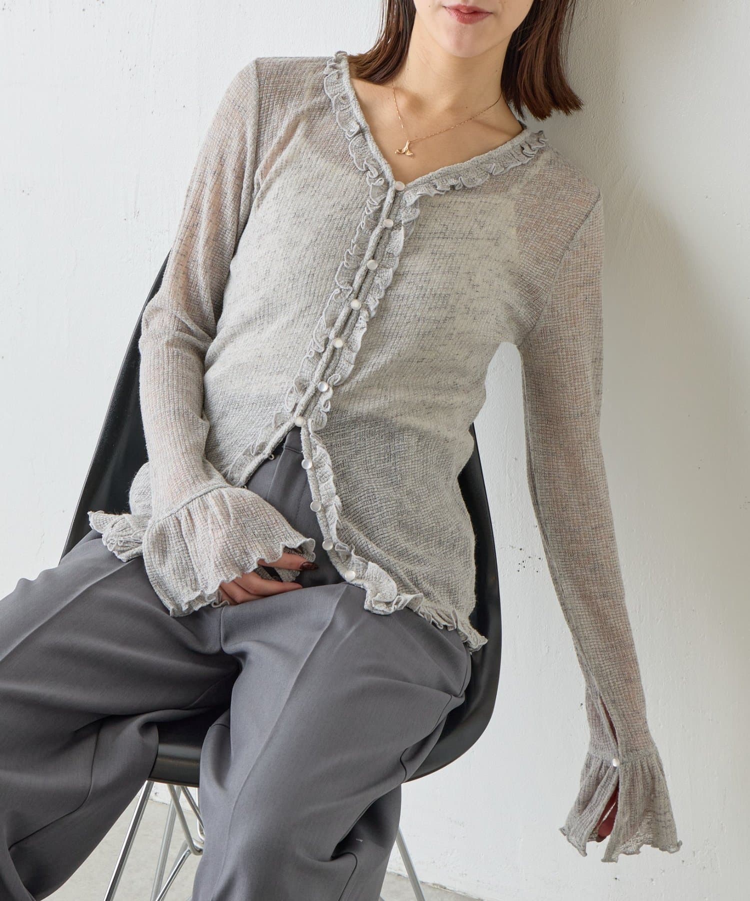 -goocy-(グーシー) シアーワッフルフリルカーディガン