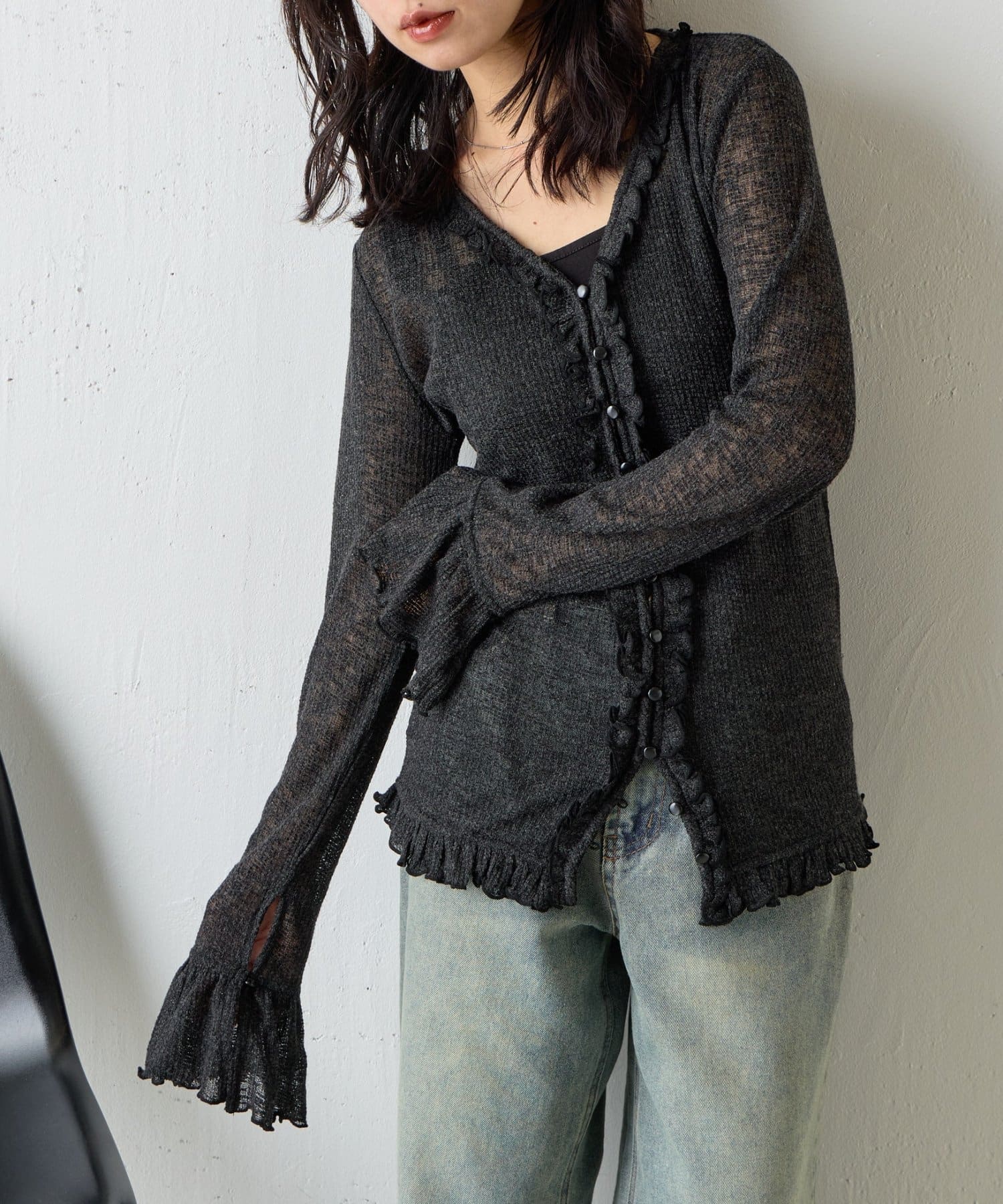 -goocy-(グーシー) シアーワッフルフリルカーディガン