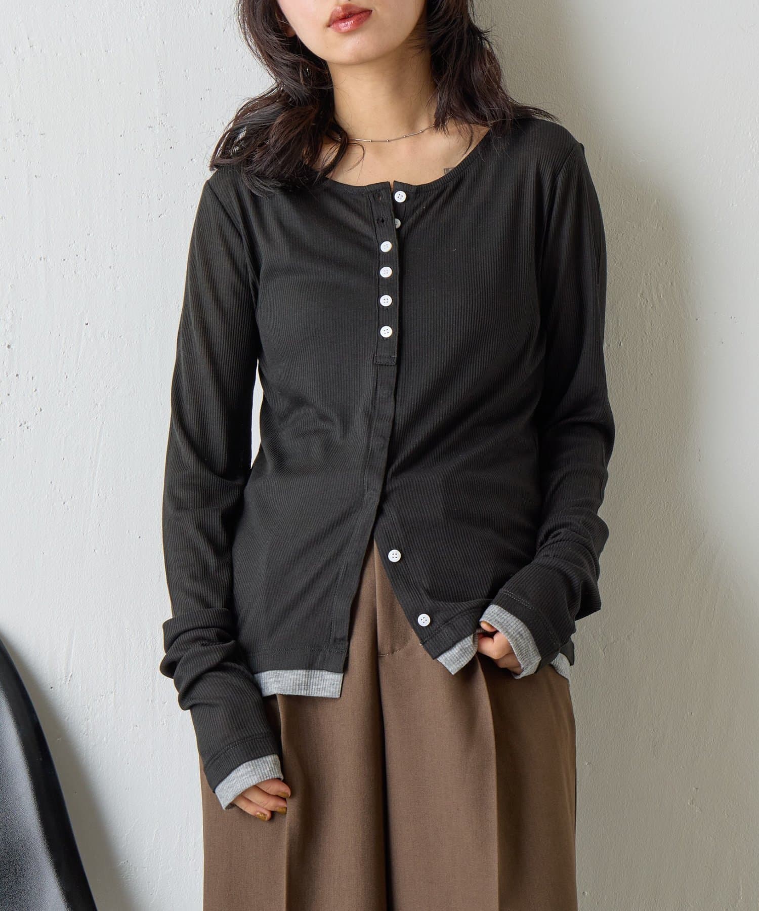 -goocy-(グーシー) バイカラーシアーリブカーディガン