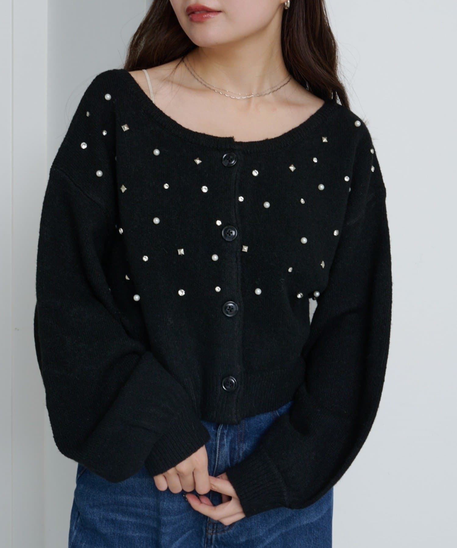 Kastane(カスタネ) 【WEB先行】MIXビジューニットカーディガン