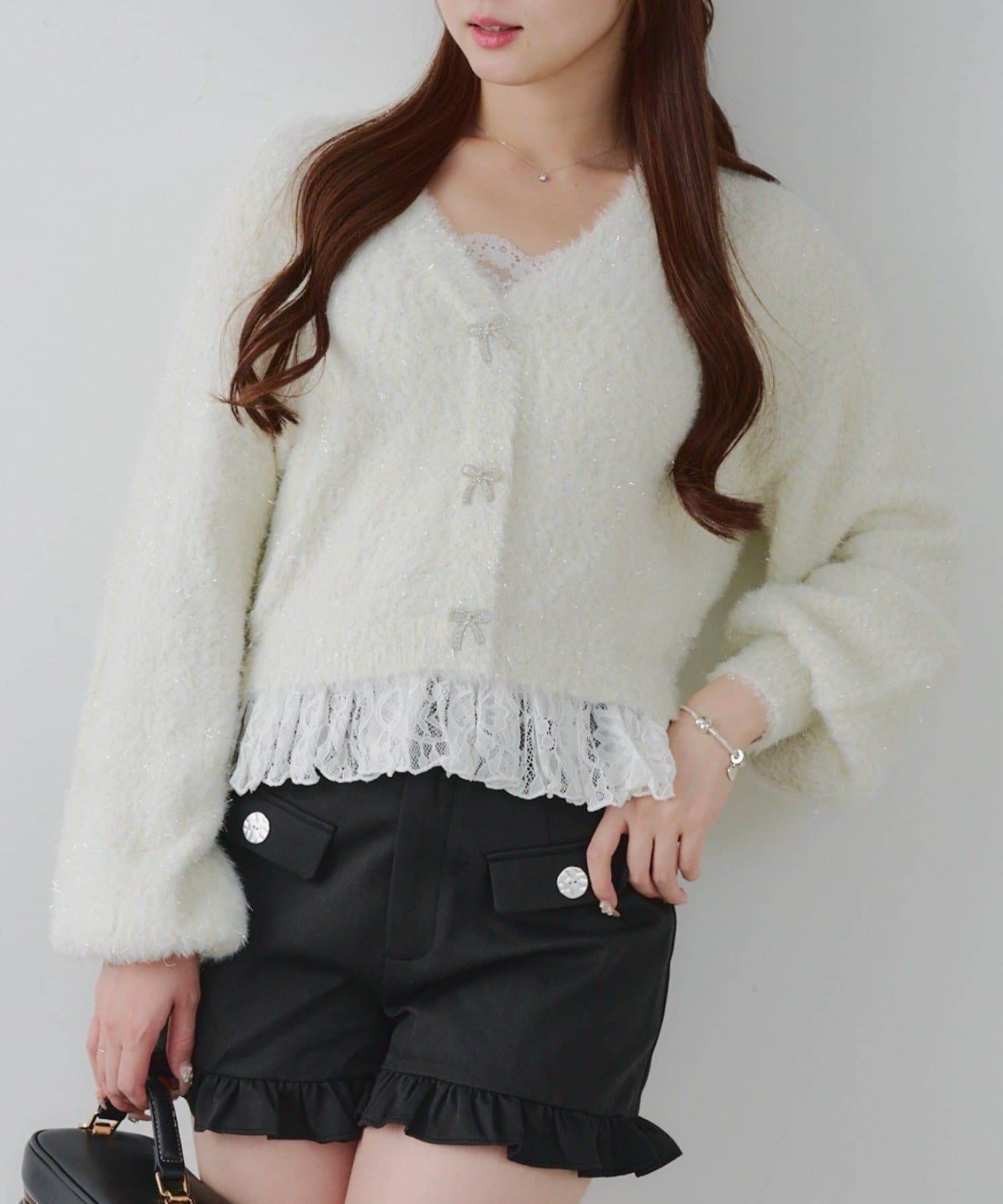 Remind me and forever(リマインドミーアンドフォーエバー) ラメフェザーヤーン裾レース付カーディガン