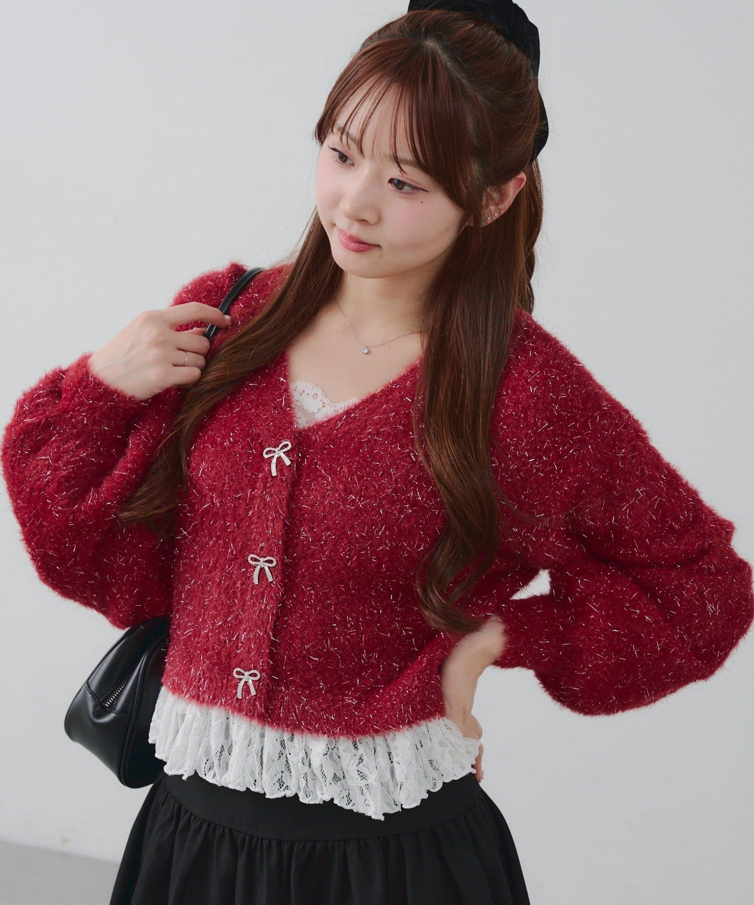 Remind me and forever(リマインドミーアンドフォーエバー) ラメフェザーヤーン裾レース付カーディガン