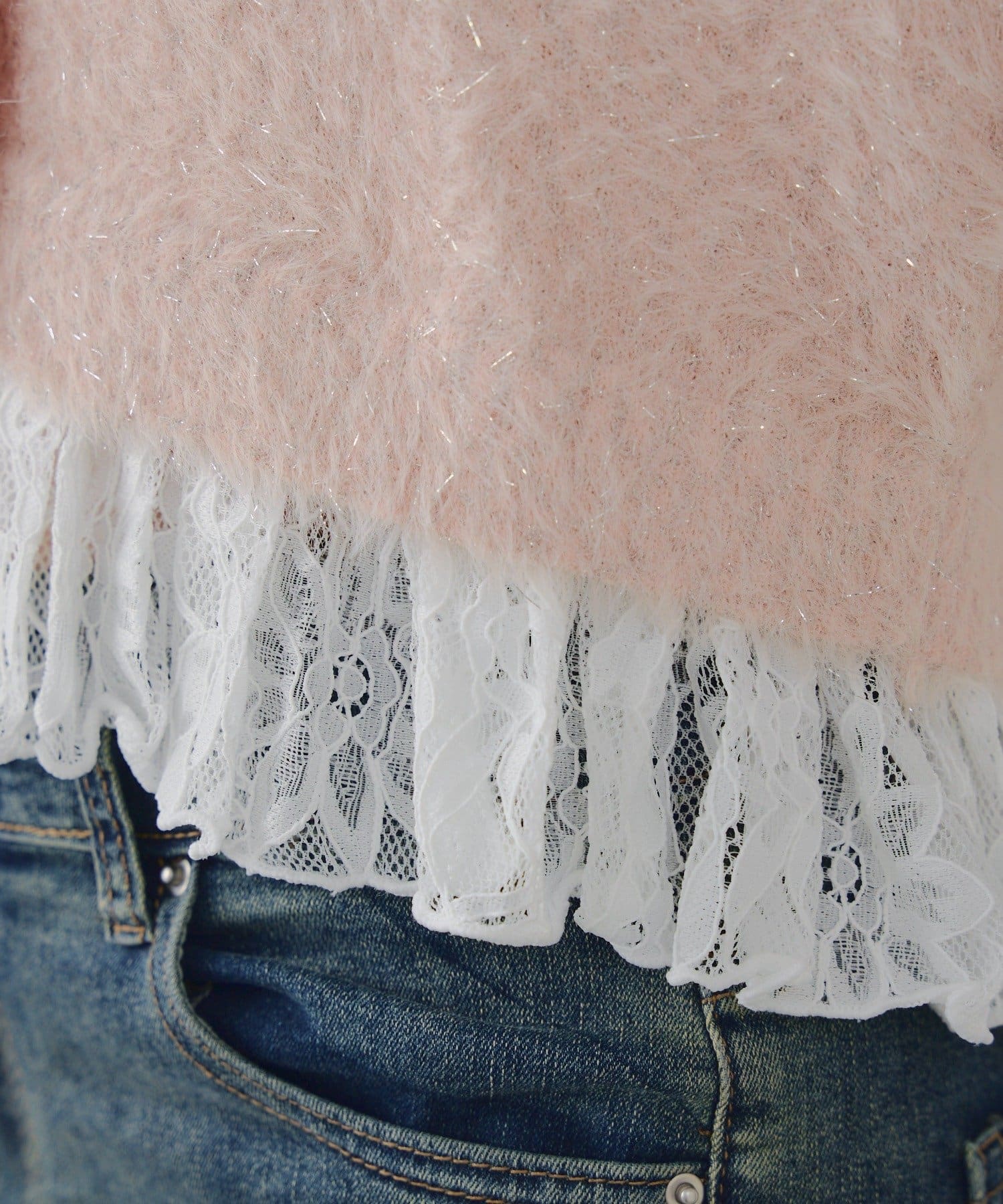 Remind me and forever(リマインドミーアンドフォーエバー) ラメフェザーヤーン裾レース付カーディガン