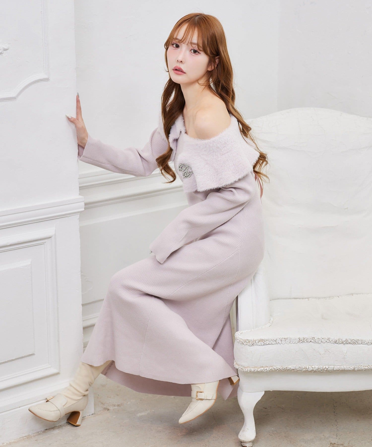 one after another NICE CLAUP(ワンアフターアナザー ナイスクラップ) ブローチ付きニットワンピース