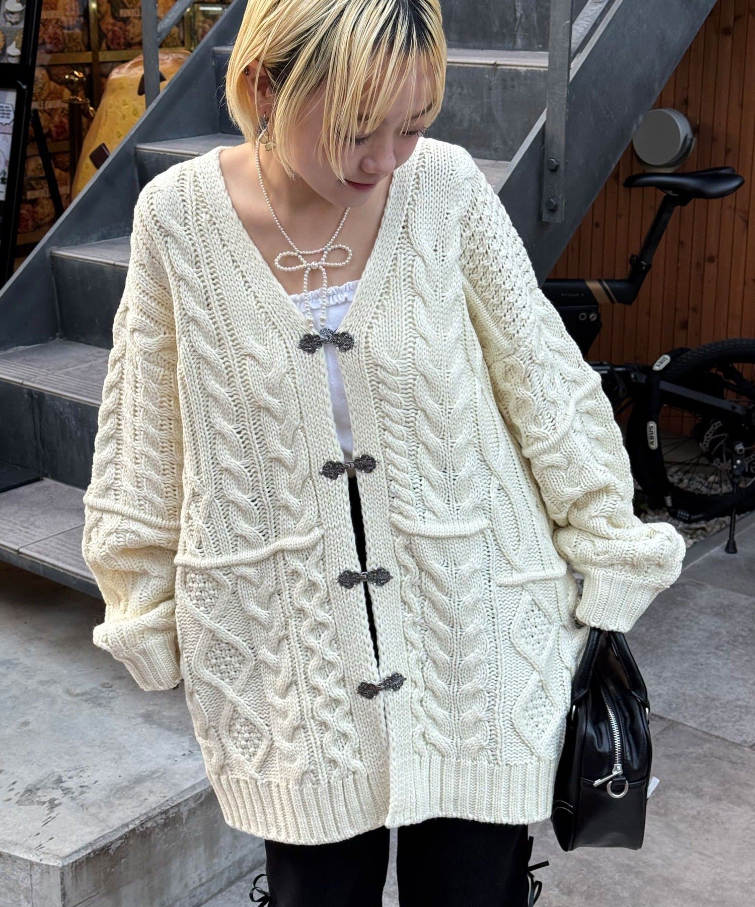 CIAOPANIC(チャオパニック) パッチワークチロリアンケーブルカーディガン