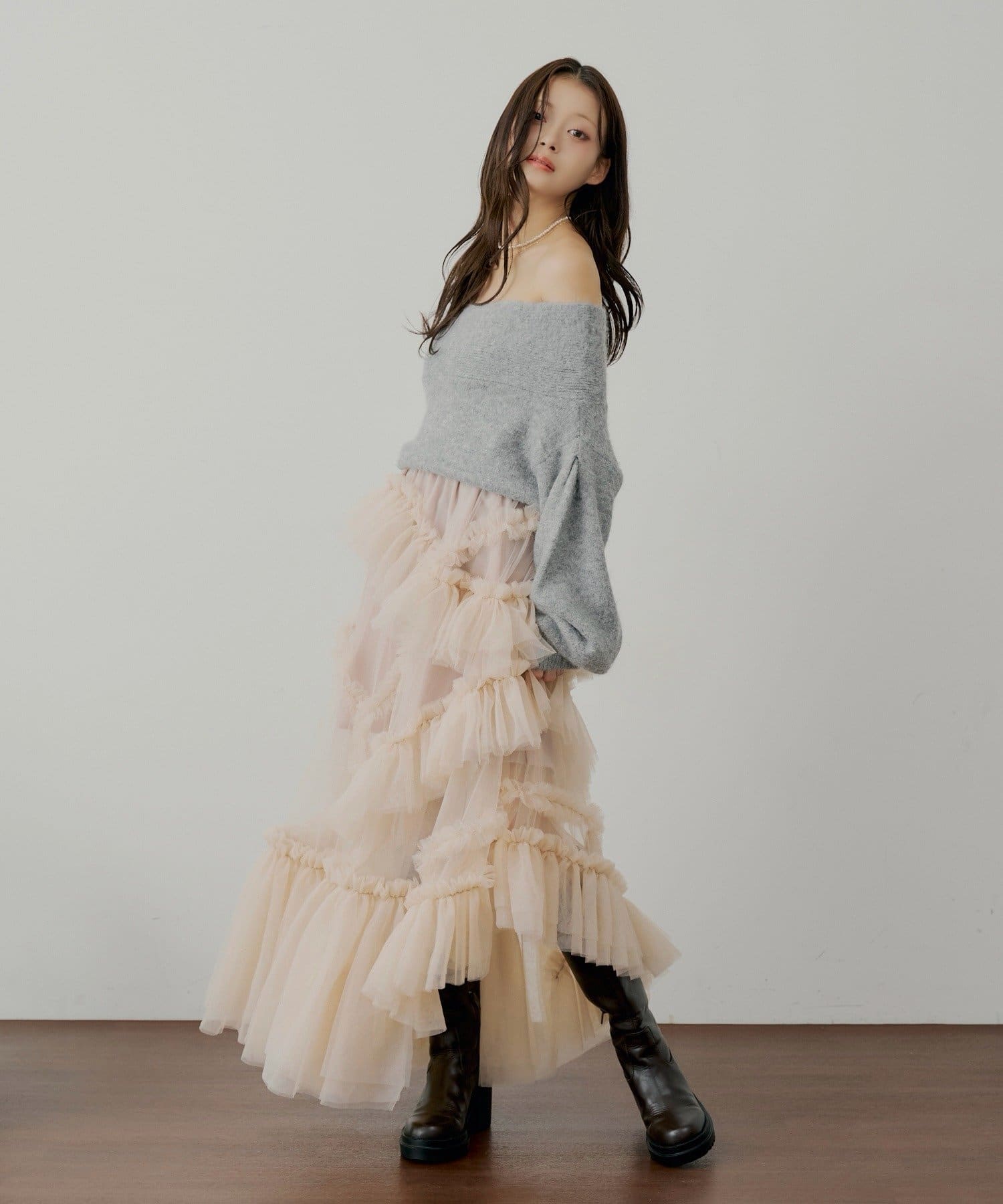 Chico(チコ) 【SALON by Chico】ランダムチュールフレアスカート