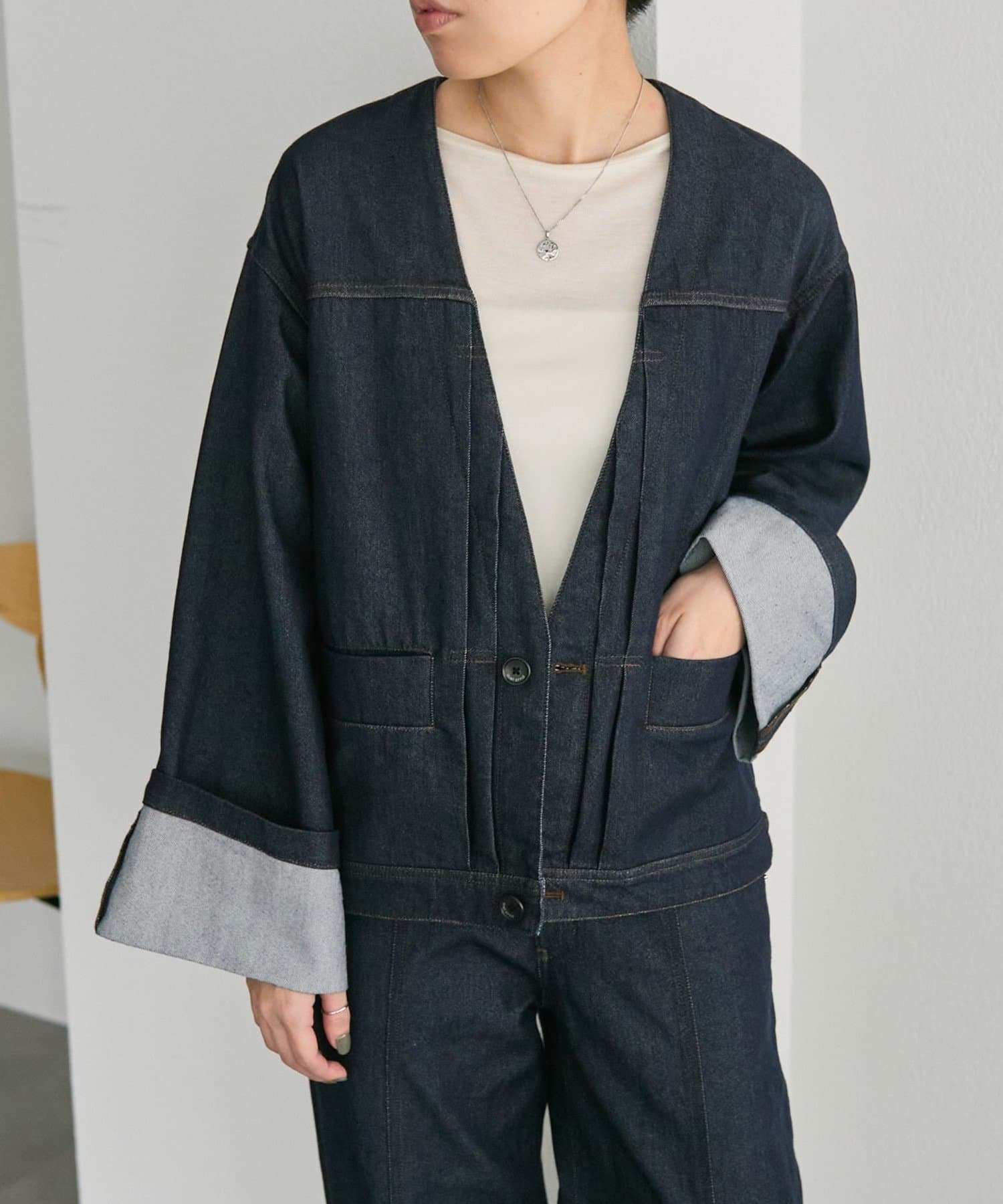 ear PAPILLONNER(イア パピヨネ) 《ノーカラー》Vネックデニムジャケット【SUM1 STYLE(スミスタイル)】