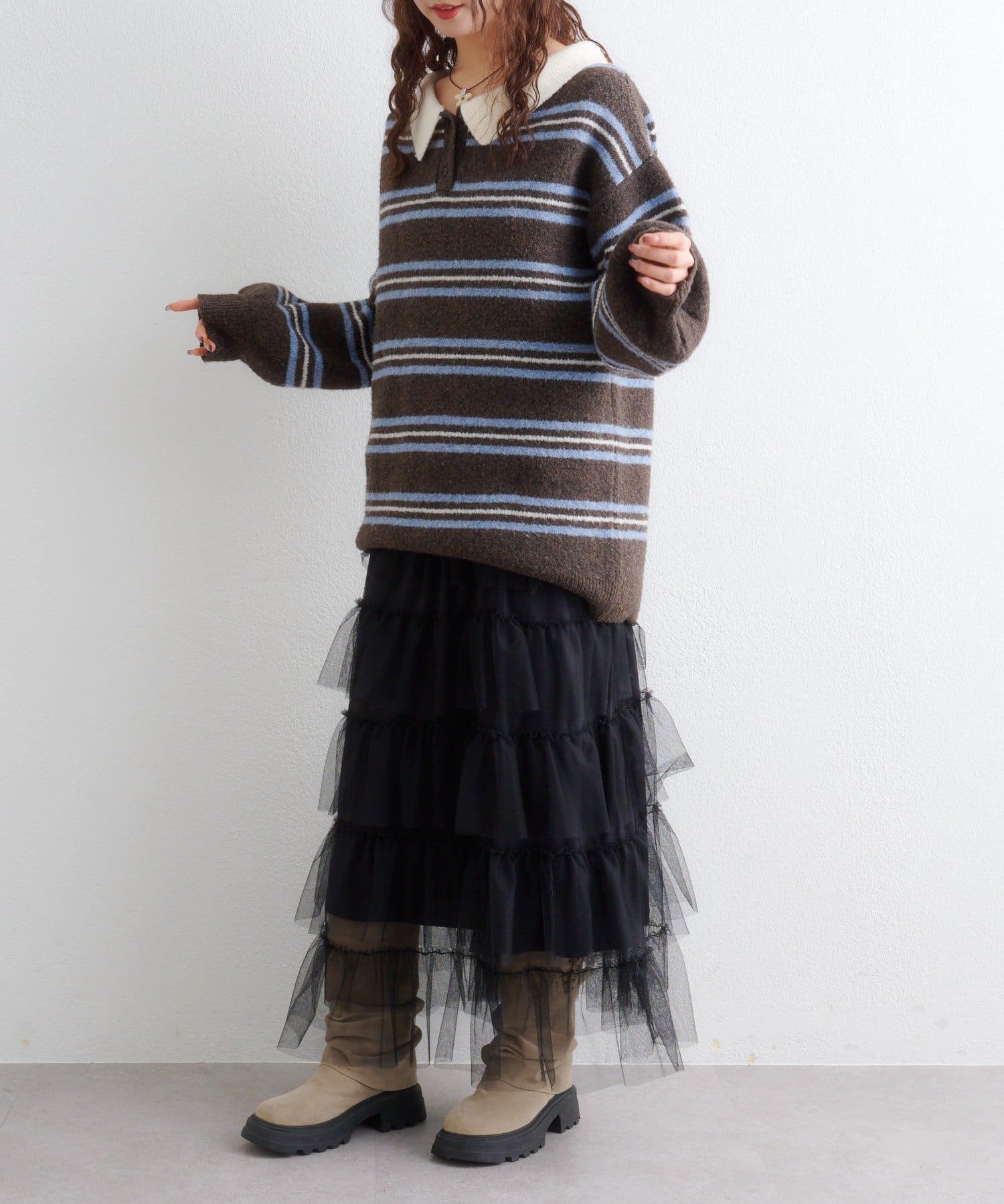 w closet(ダブルクローゼット) 【オフショルにして抜け感も◎】ボーダーラガーニット