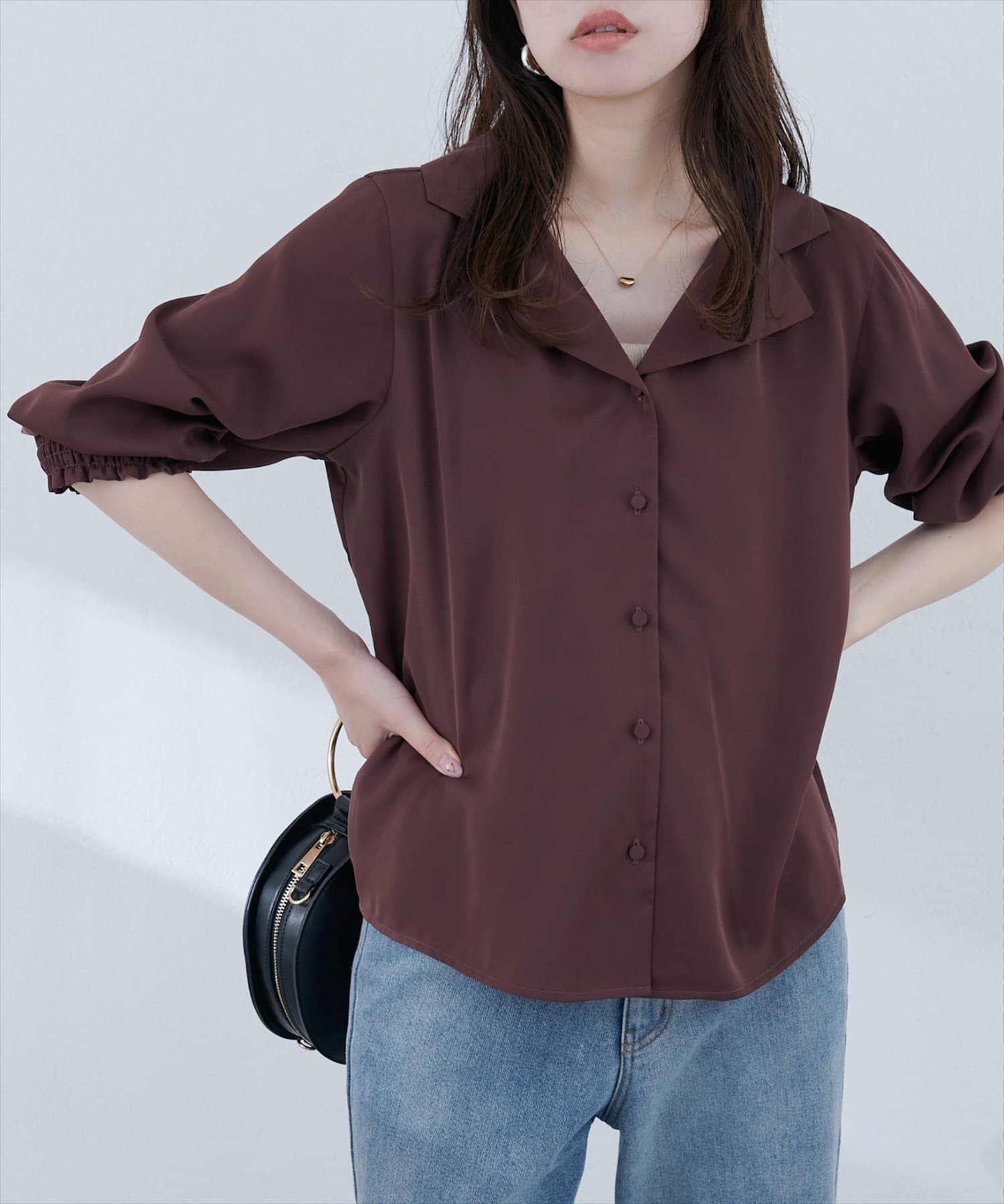 NICE CLAUP / OLIVE des OLIVE OUTLET(ナイスクラップ  / オリーブ デ オリーブ アウトレット) 【natural couture】オープンカラー袖口シャーリングブラウス