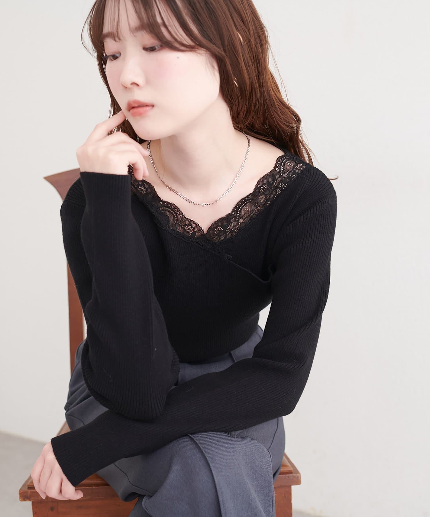 natural couture(ナチュラルクチュール) アシメレースネックリブニットプルオーバー