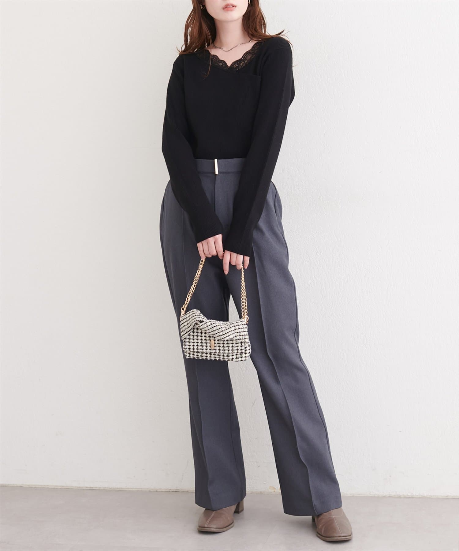 natural couture(ナチュラルクチュール) アシメレースネックリブニットプルオーバー