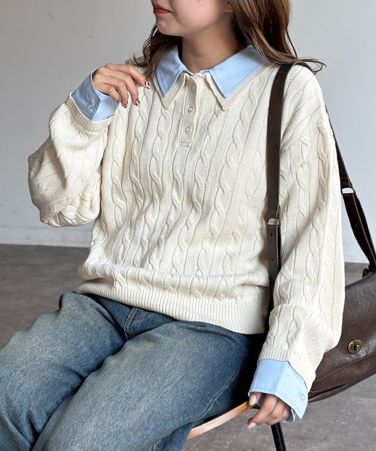 CPCM(シーピーシーエム) フェイクレイヤードケーブルニットポロ