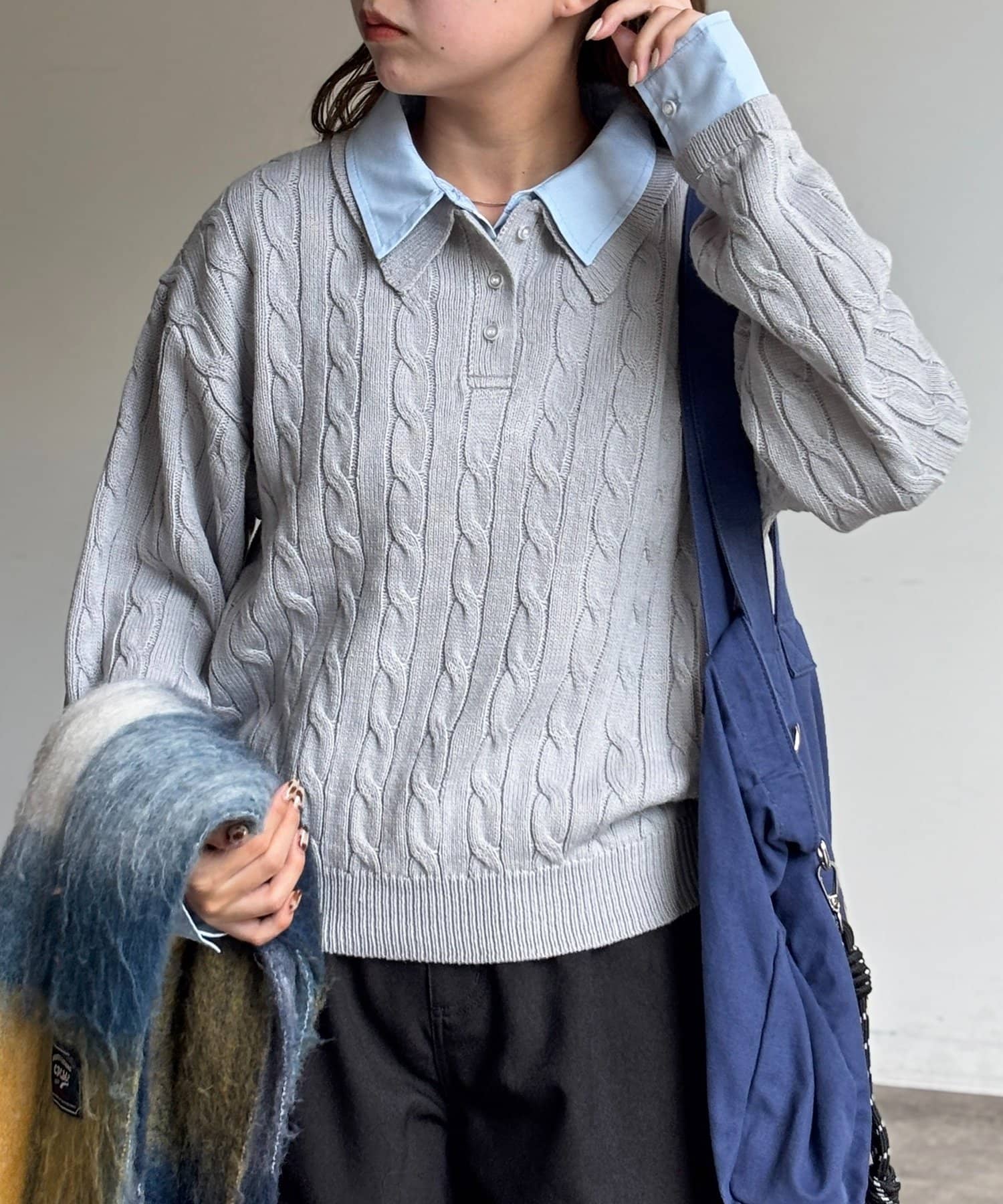 CPCM(シーピーシーエム) フェイクレイヤードケーブルニットポロ