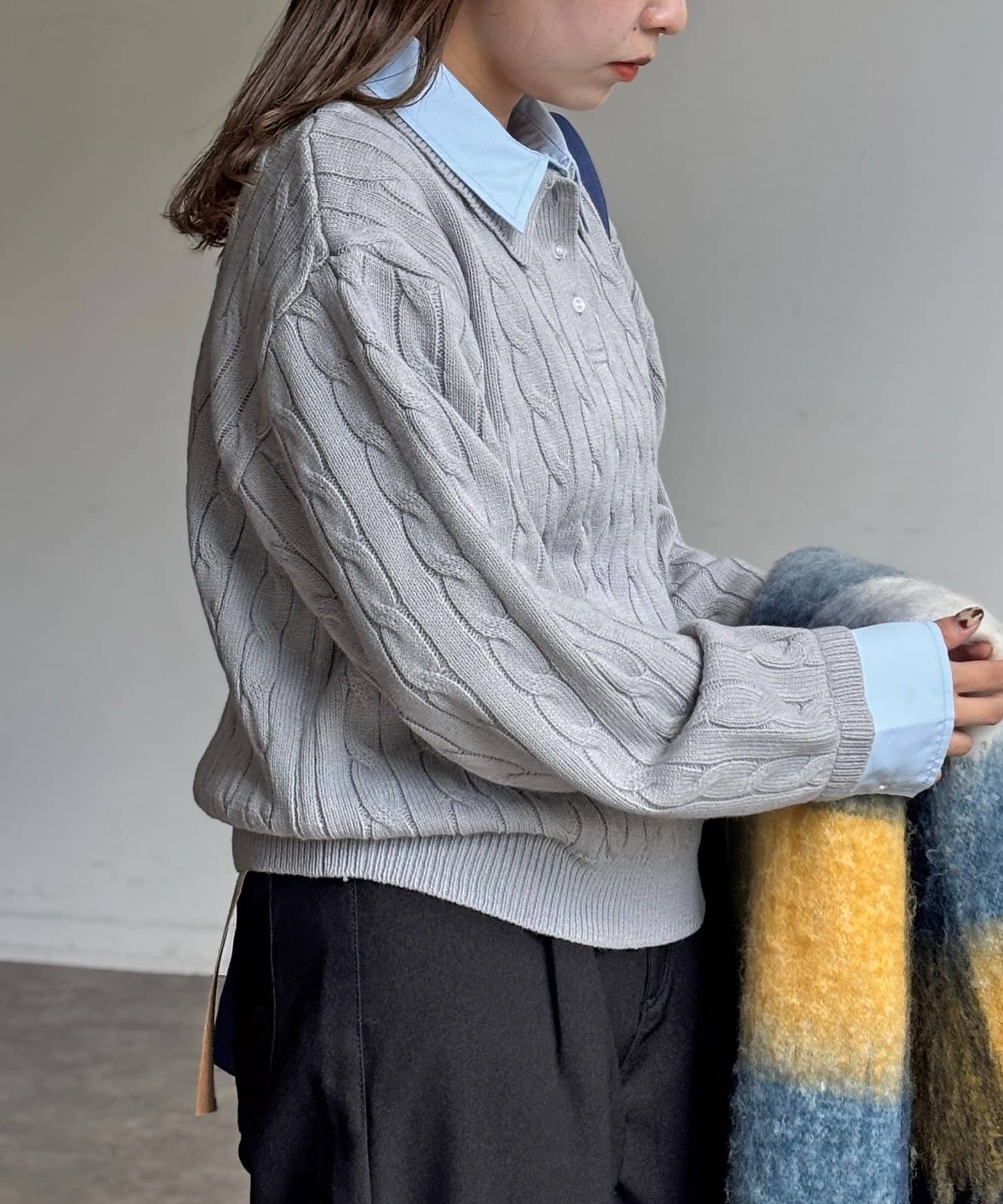 CPCM(シーピーシーエム) フェイクレイヤードケーブルニットポロ