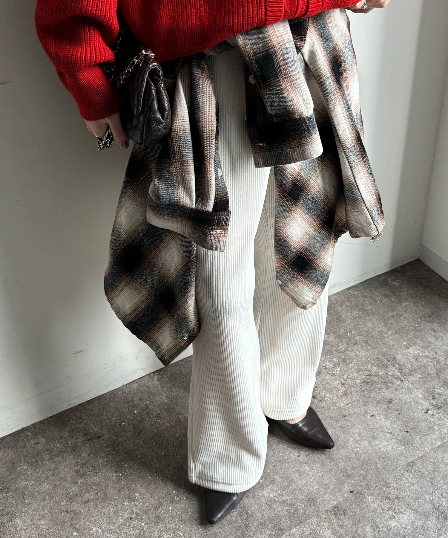 DOUDOU(ドゥドゥ) ニットコーデュロイセミフレアイージーパンツ