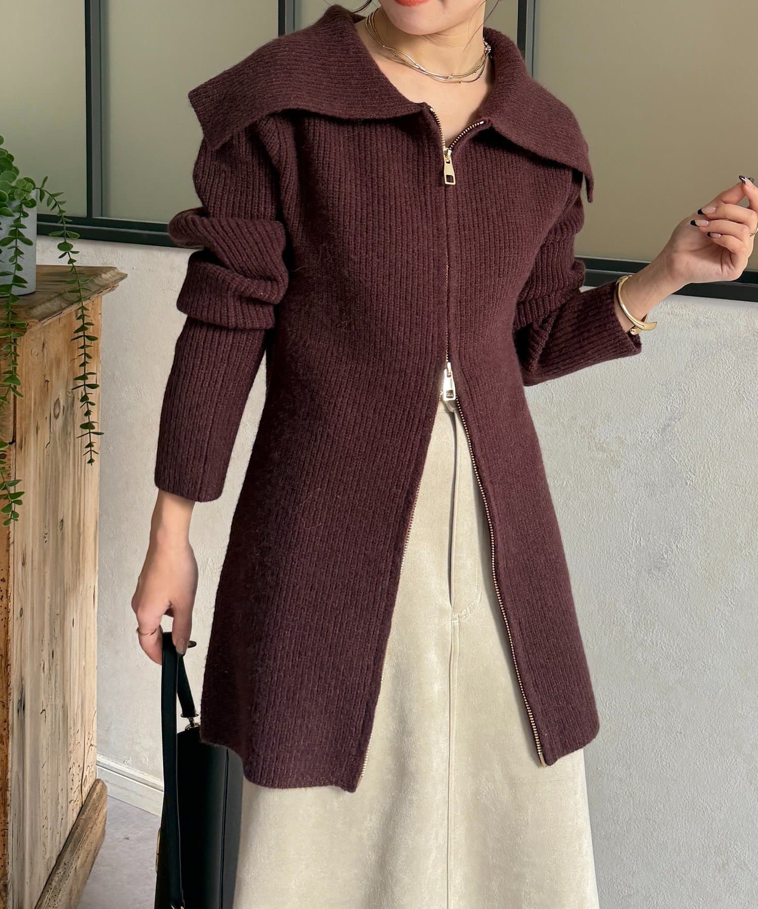 Thevon.(ゼヴォン) 襟付きWジップチュニックカーディガン