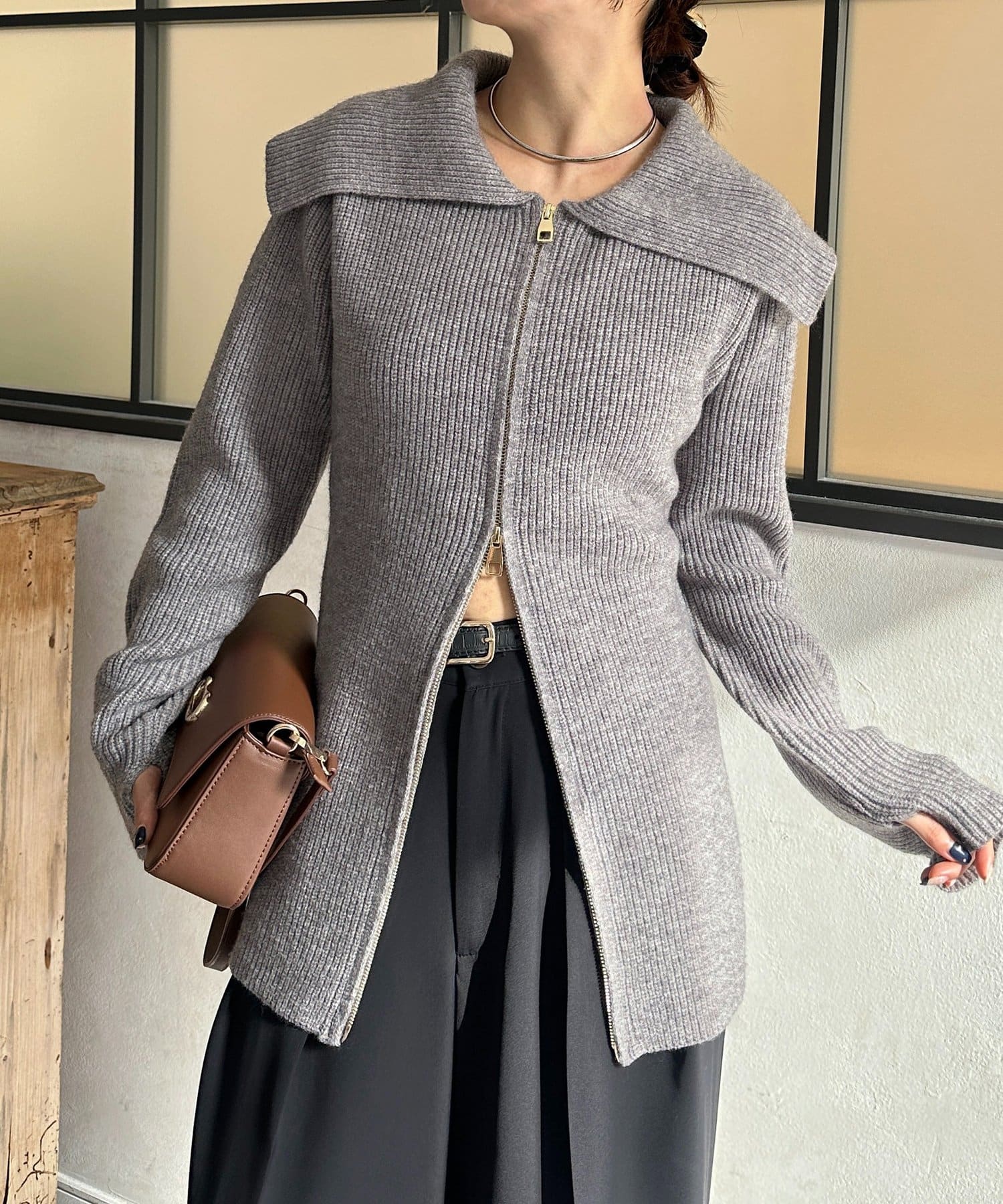 Thevon.(ゼヴォン) 襟付きWジップチュニックカーディガン