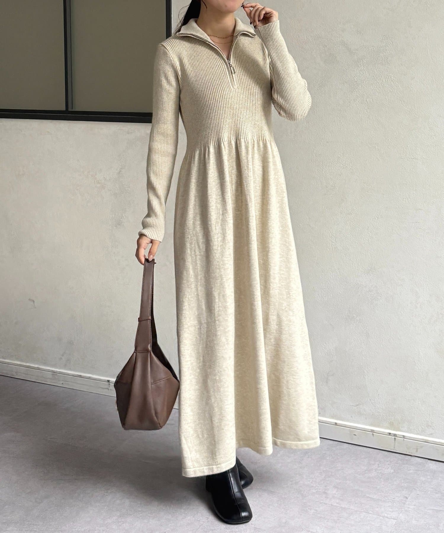 Thevon.(ゼヴォン) ハーフジップリブニットフレアワンピース