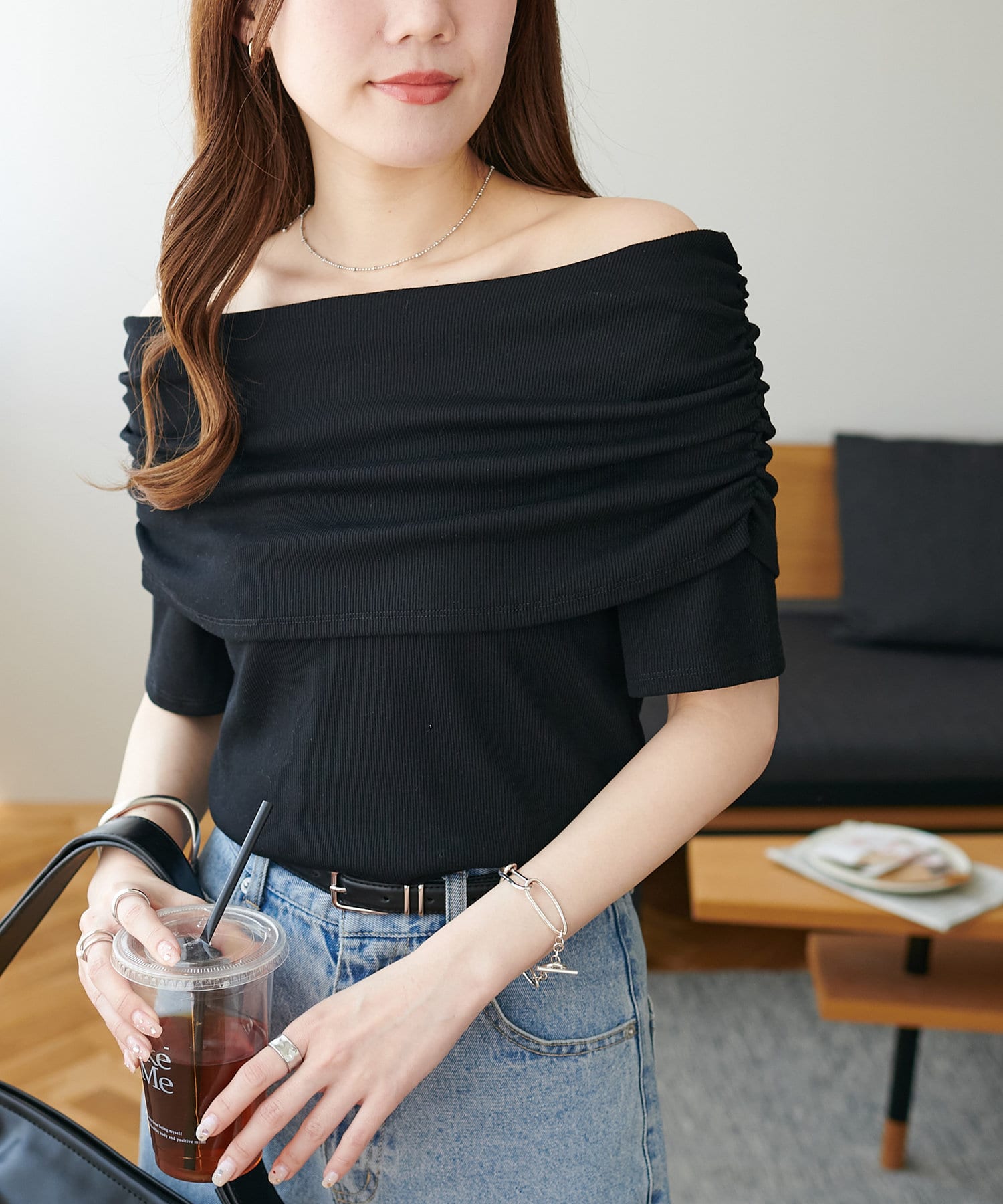 OUTLET(アウトレット) 【Discoat】リブオフショル5分袖