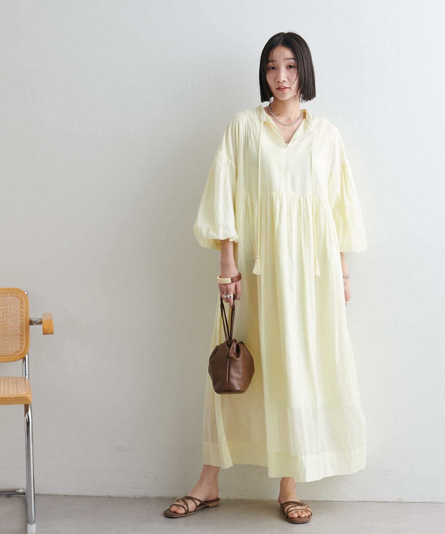 OUTLET(アウトレット) 【Discoat】【India】袖バルーン切替ギャザーワンピース