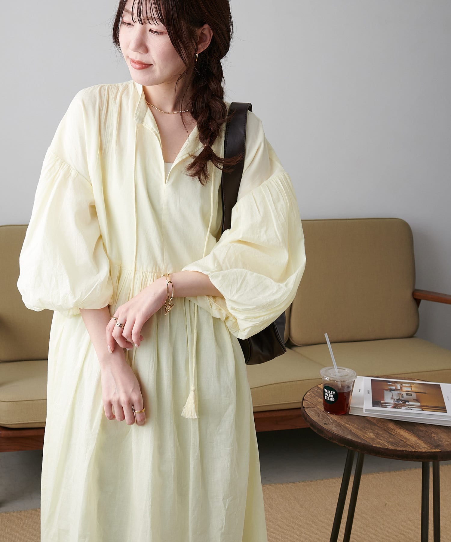 OUTLET(アウトレット) 【Discoat】【India】袖バルーン切替ギャザーワンピース