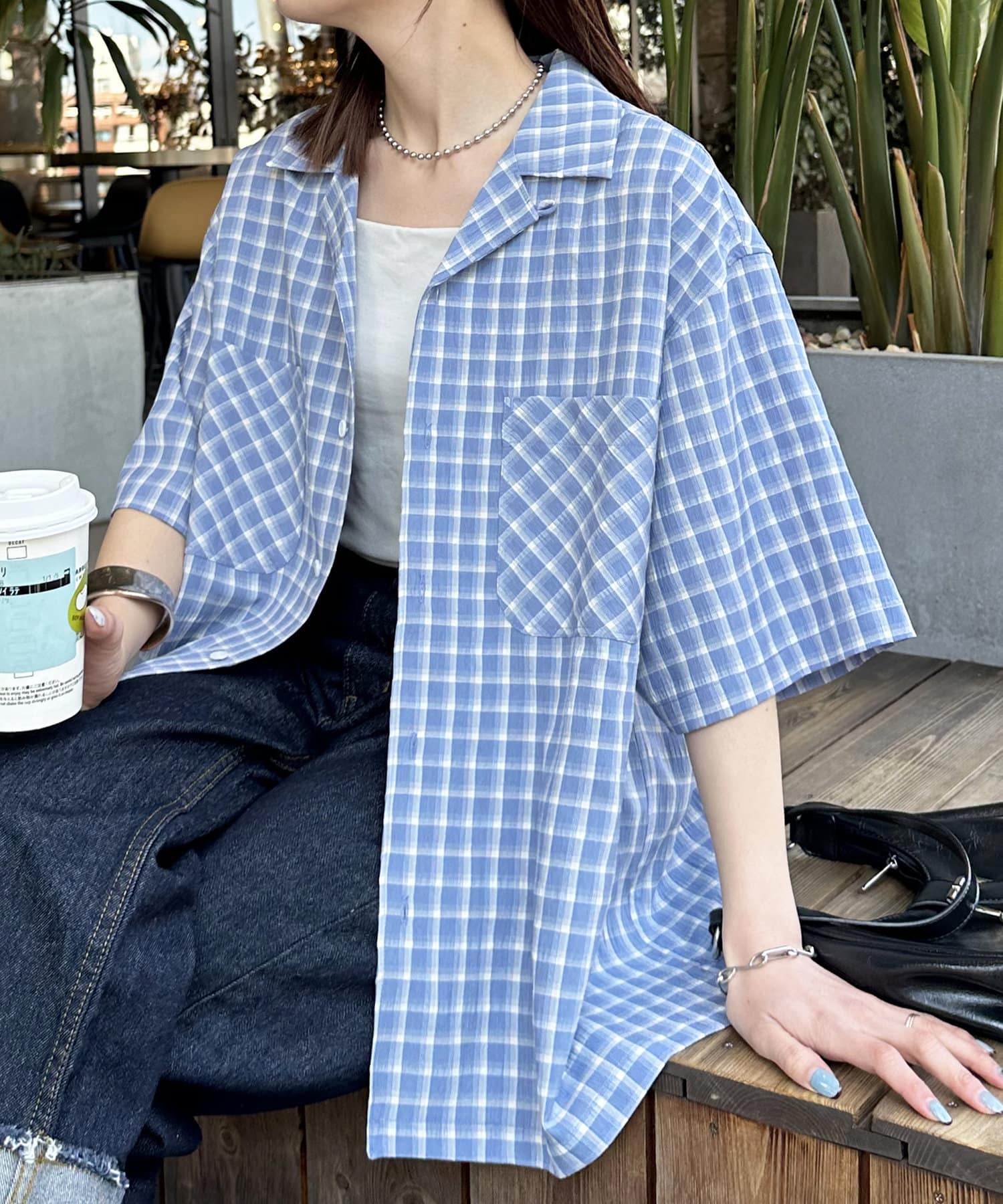 OUTLET(アウトレット) 【Discoat】シアーサッカーチェックオープンカラーシャツ