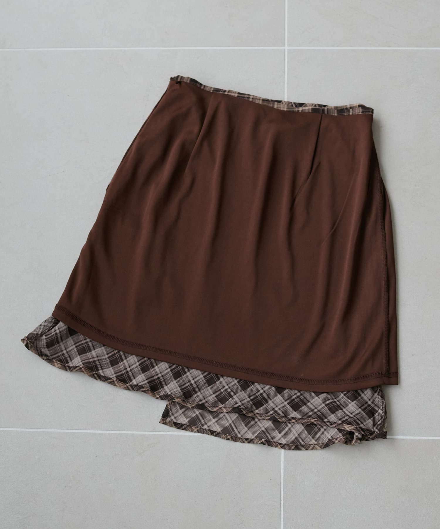 OUTLET(アウトレット) 【Discoat】チェックレイヤード風ラップスカート