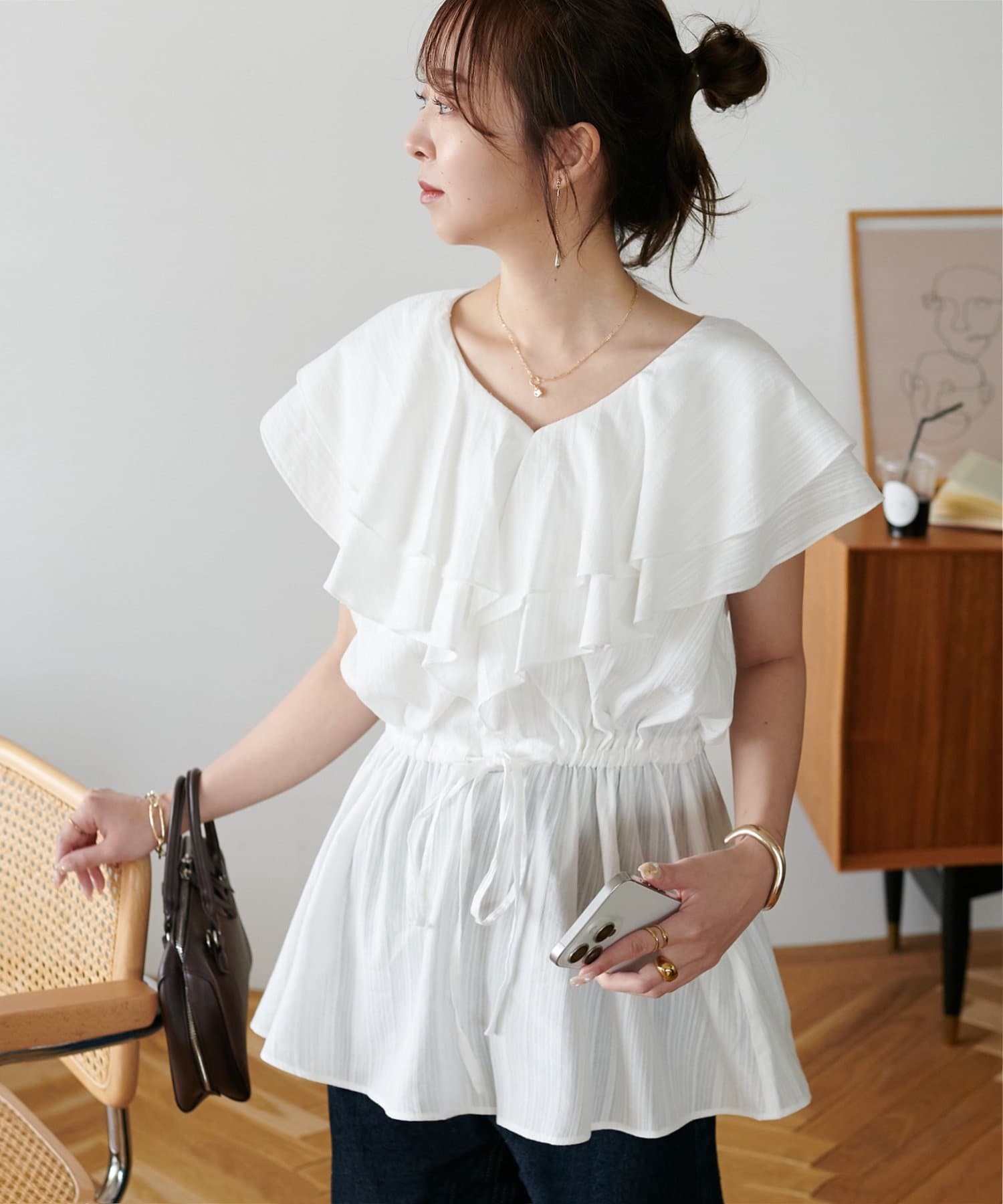 OUTLET(アウトレット) 【Discoat】フリルウエストギャザーチュニックブラウス