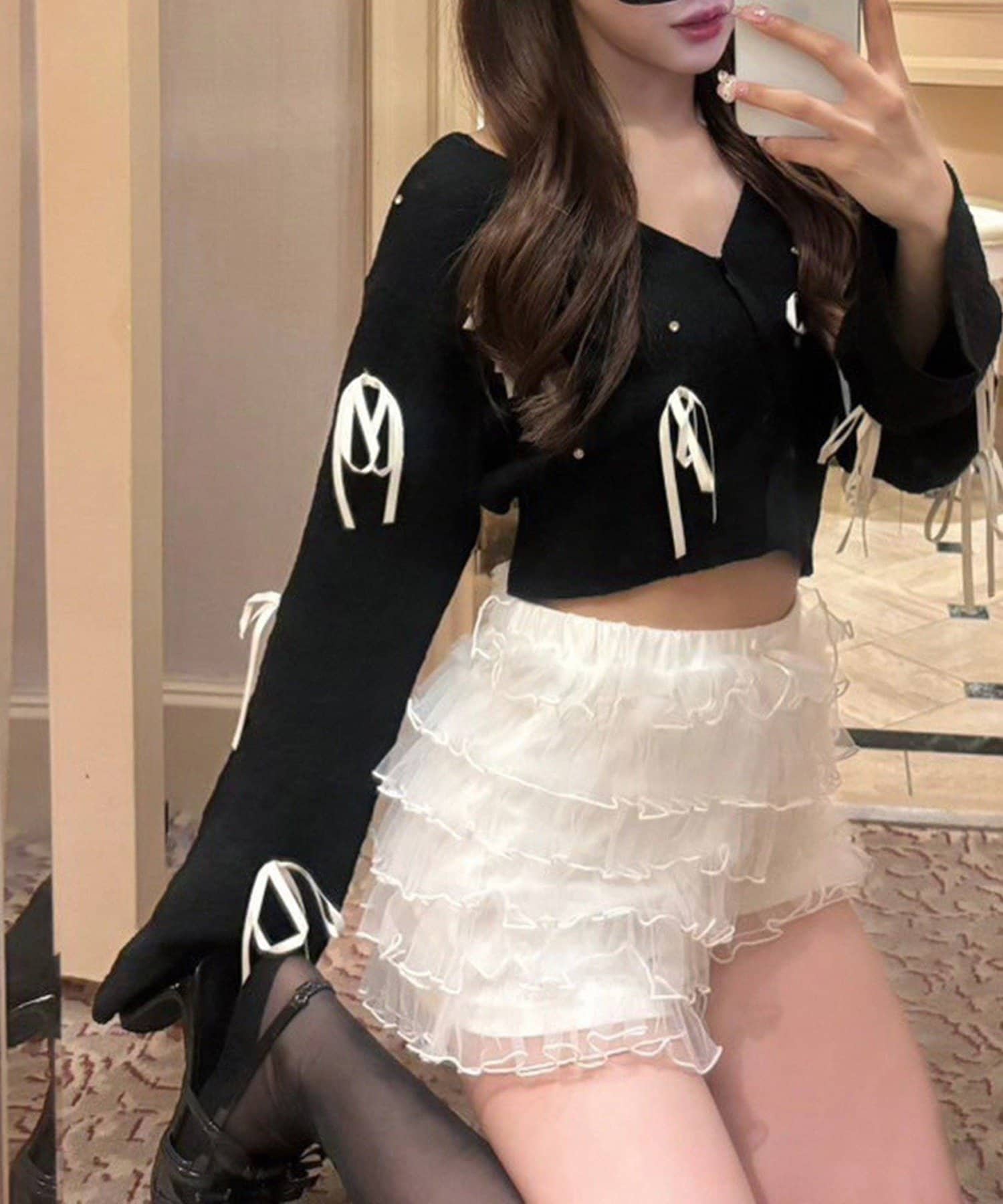 NICE CLAUP / OLIVE des OLIVE OUTLET(ナイスクラップ  / オリーブ デ オリーブ アウトレット) 【one after another】リボンカーデ