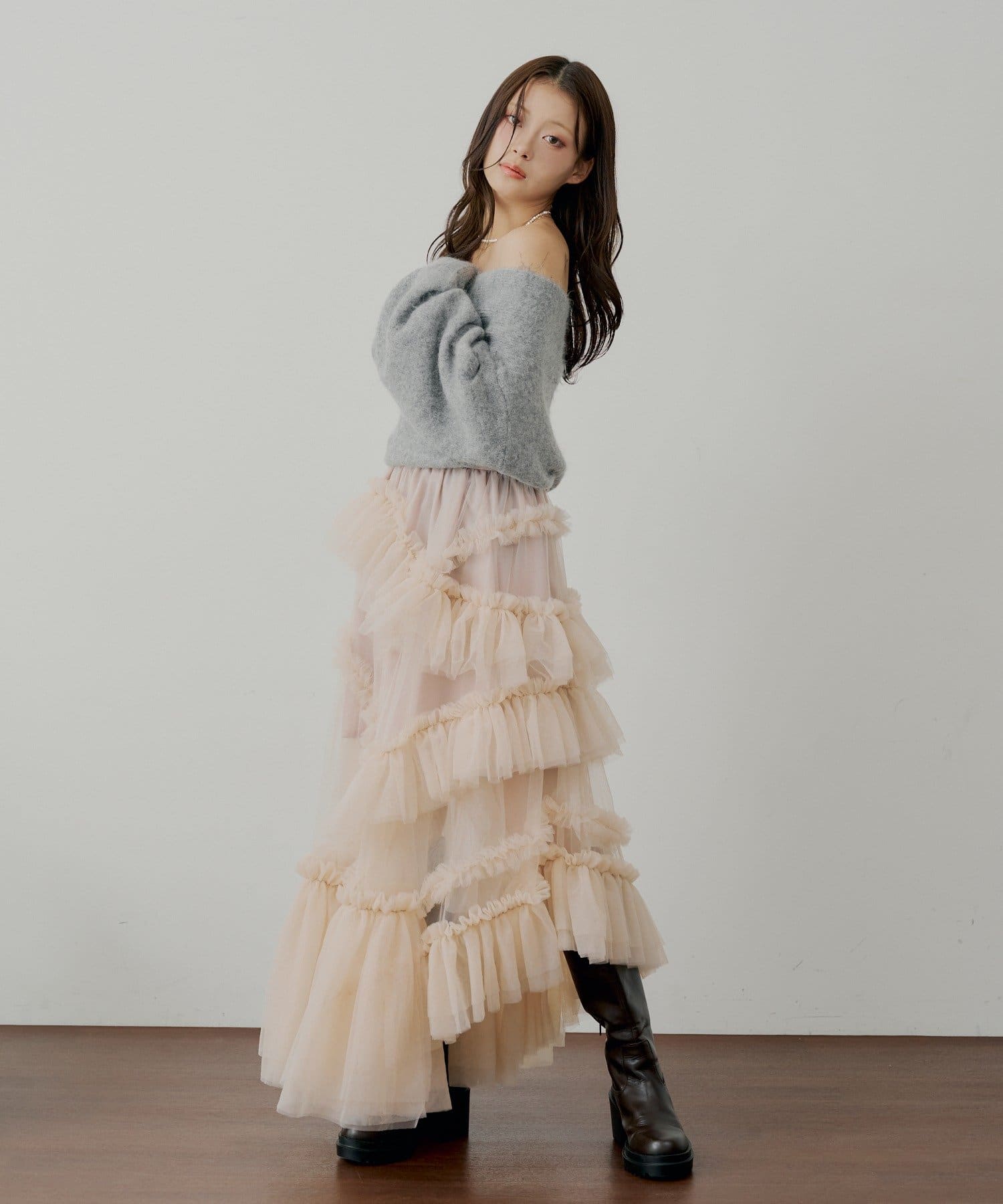 Chico(チコ) 【SALON by Chico】ウールシャギータックオフショルニット