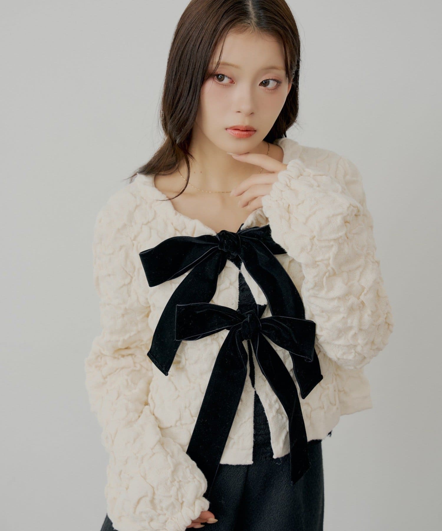 Chico(チコ) 【SALON by Chico】前後2wayフロントリボン配色カーディガン