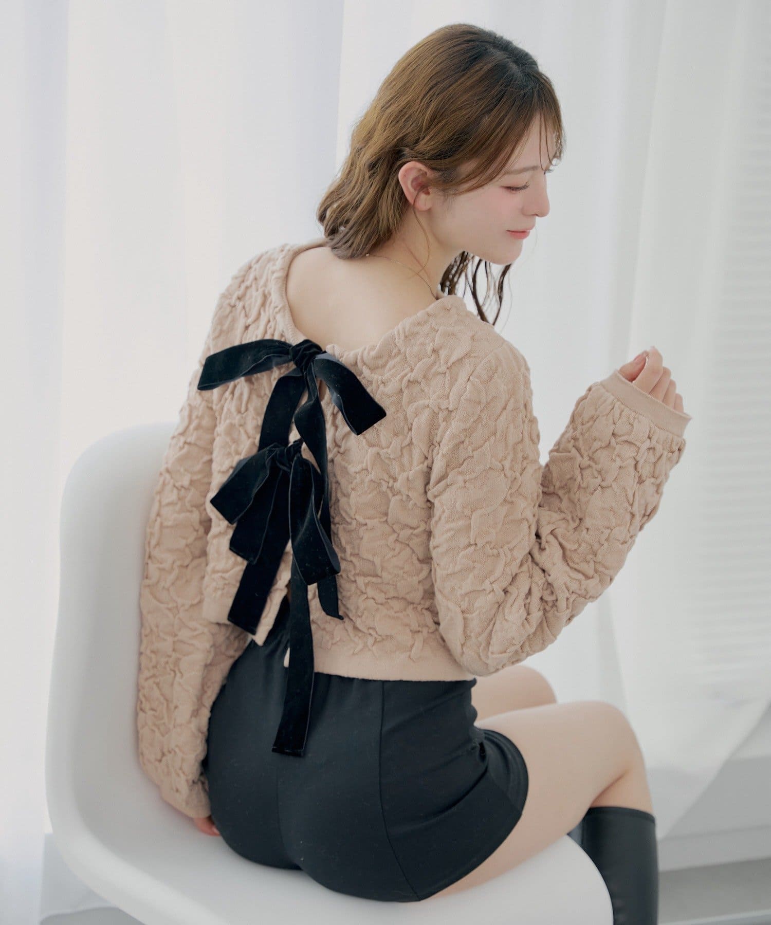 Chico(チコ) 【SALON by Chico】前後2wayフロントリボン配色カーディガン