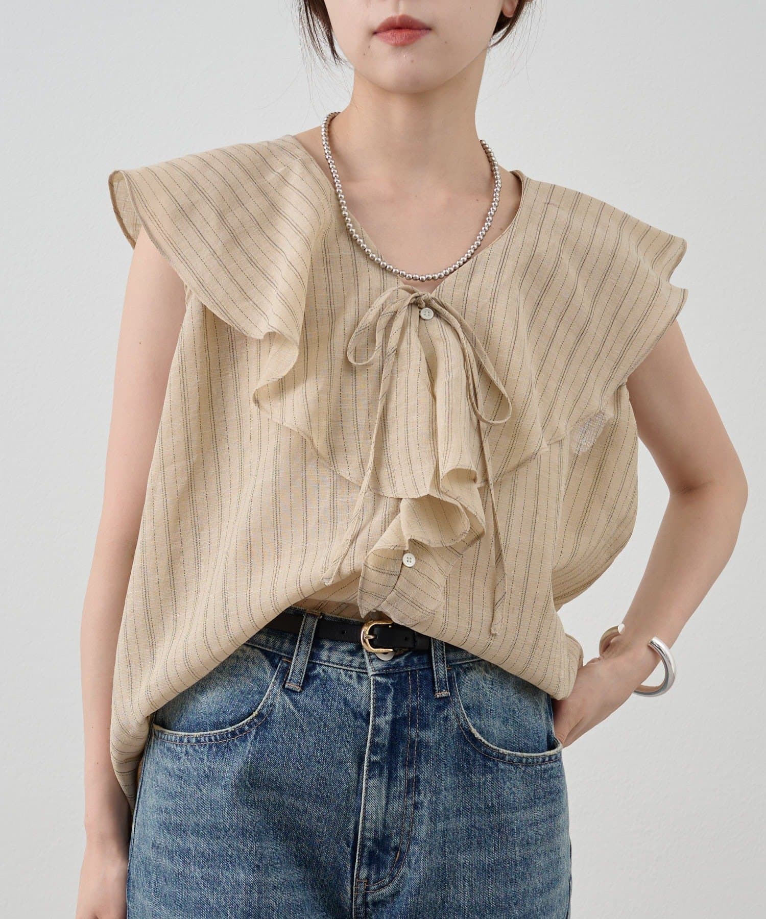 OUTLET(アウトレット) 【SHENERY】ストライプフリルカラーブラウス