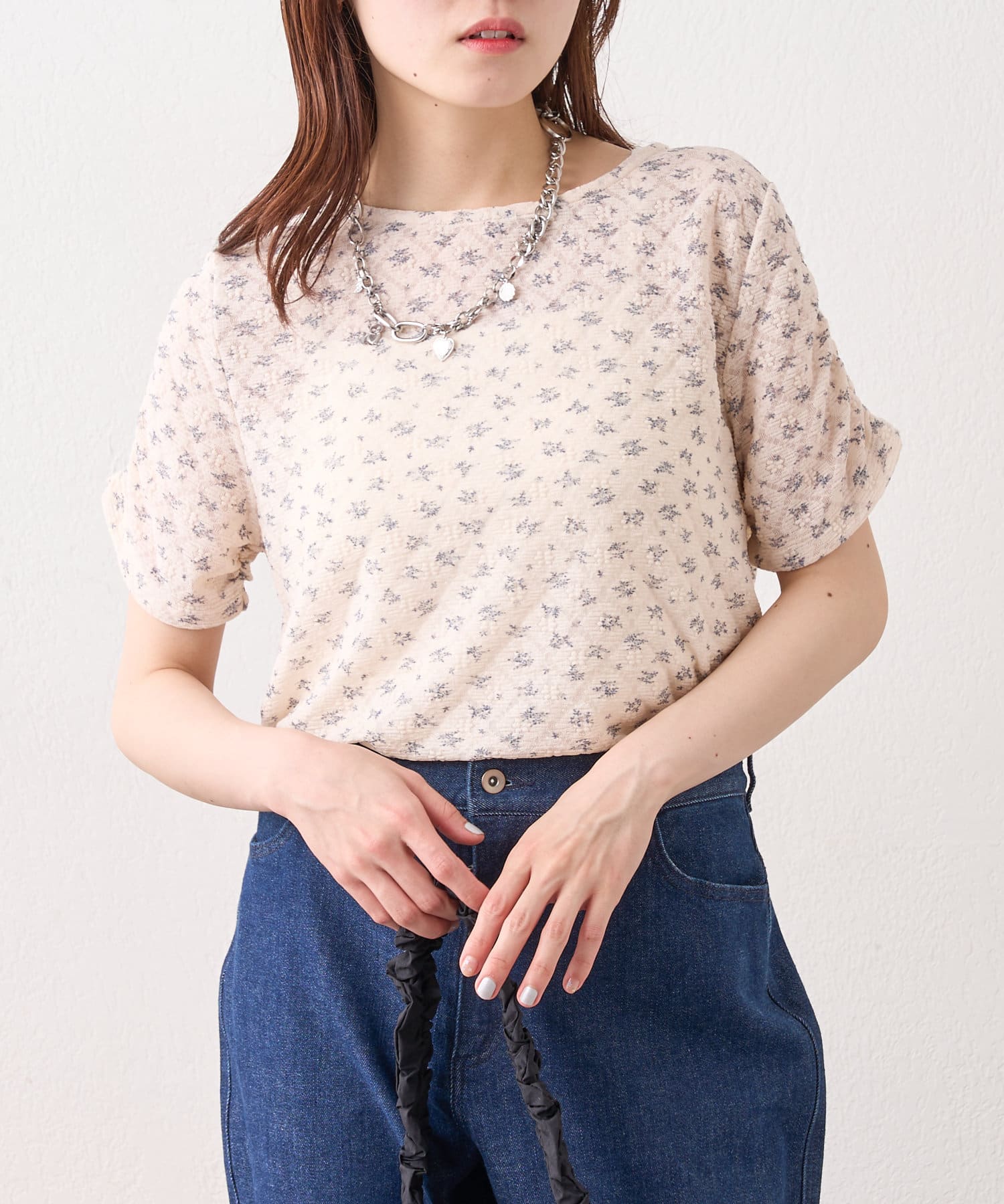 OUTLET(アウトレット) 【w closet】半袖フラワーレースジャガードT