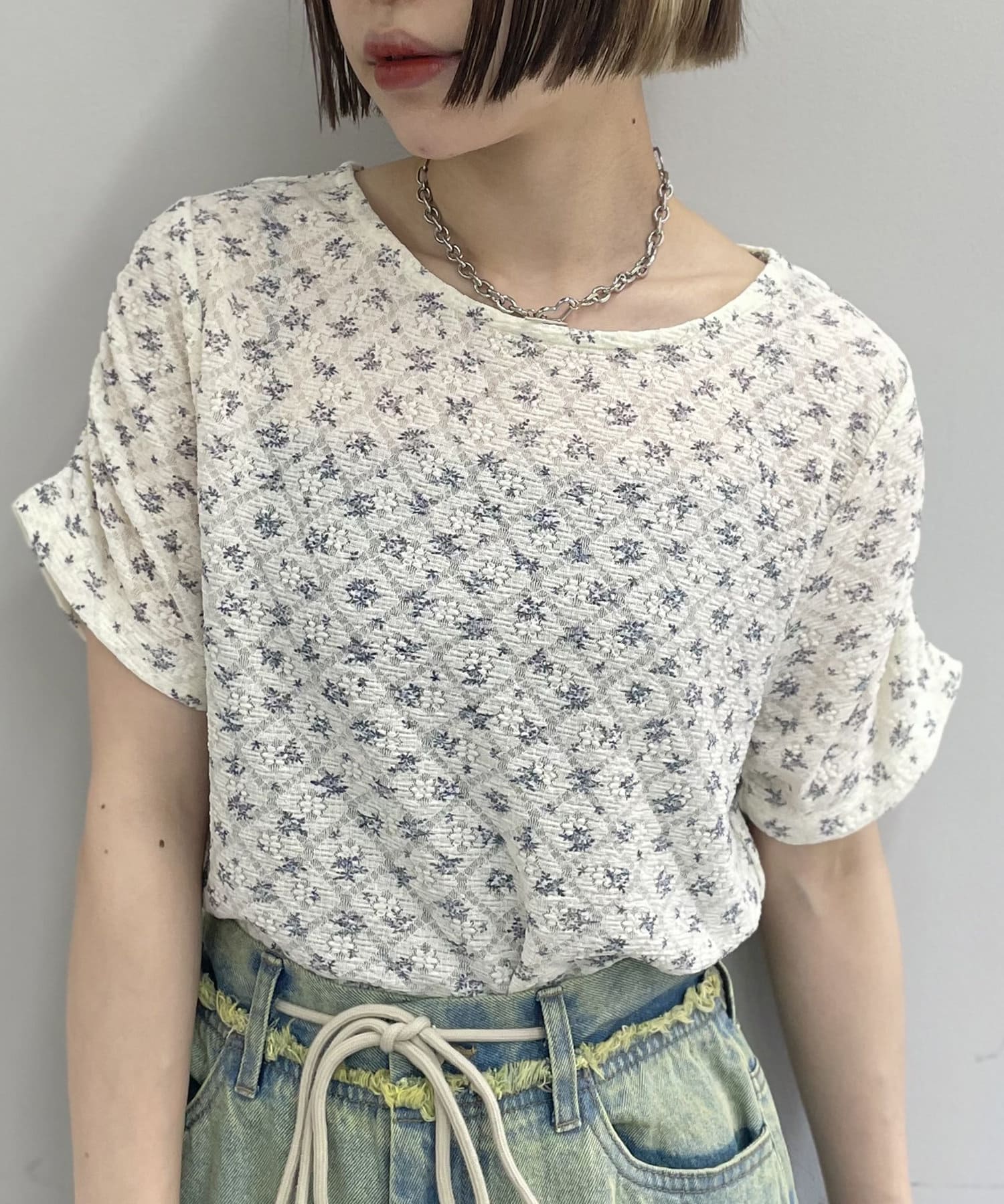 OUTLET(アウトレット) 【w closet】半袖フラワーレースジャガードT