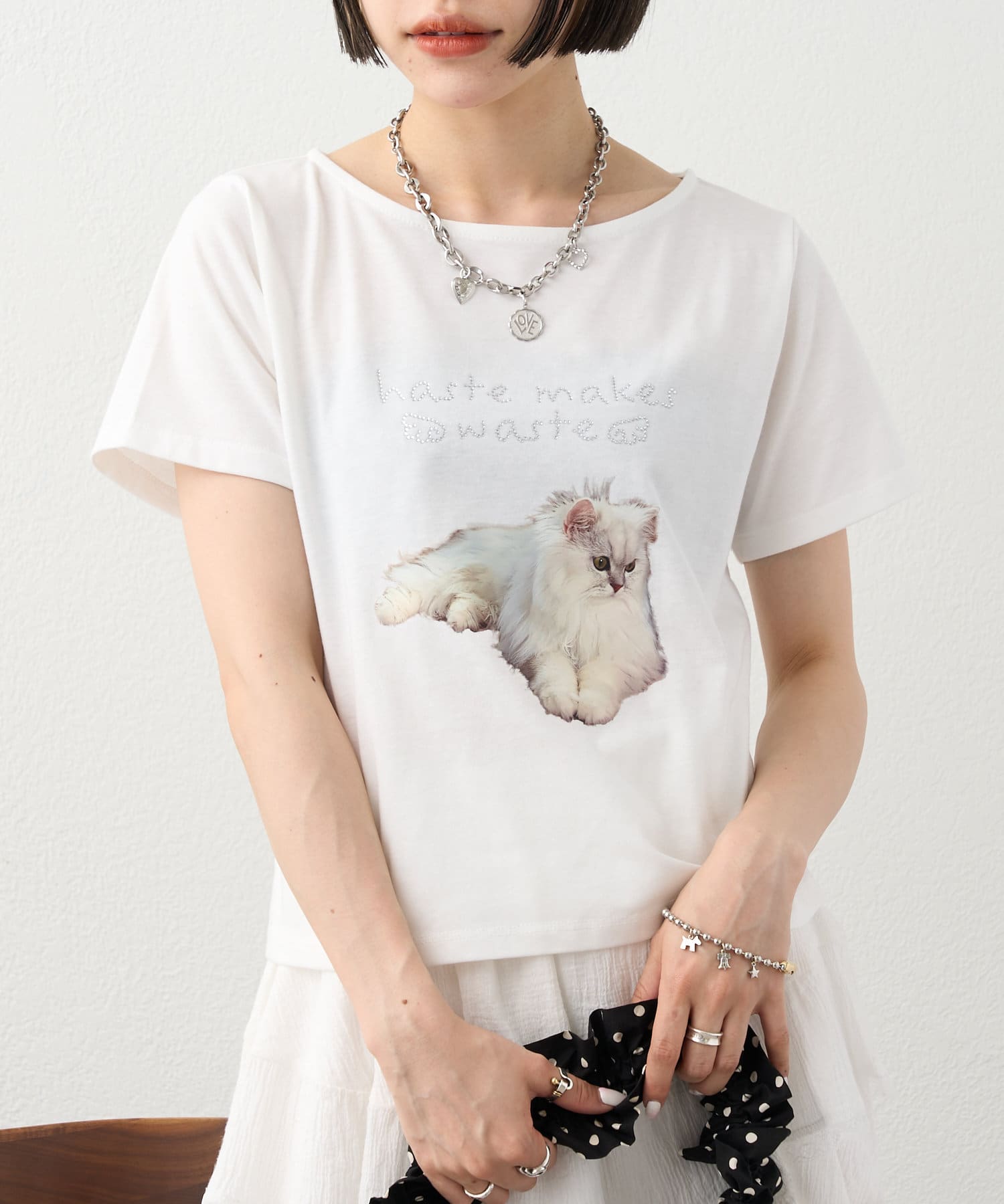 OUTLET(アウトレット) 【w closet】ラインストーンキャットロゴTee