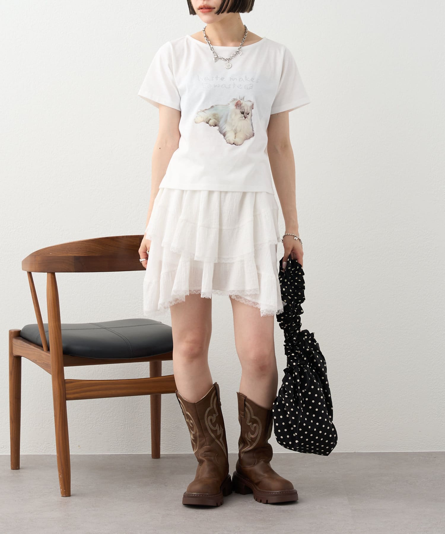 OUTLET(アウトレット) 【w closet】ラインストーンキャットロゴTee