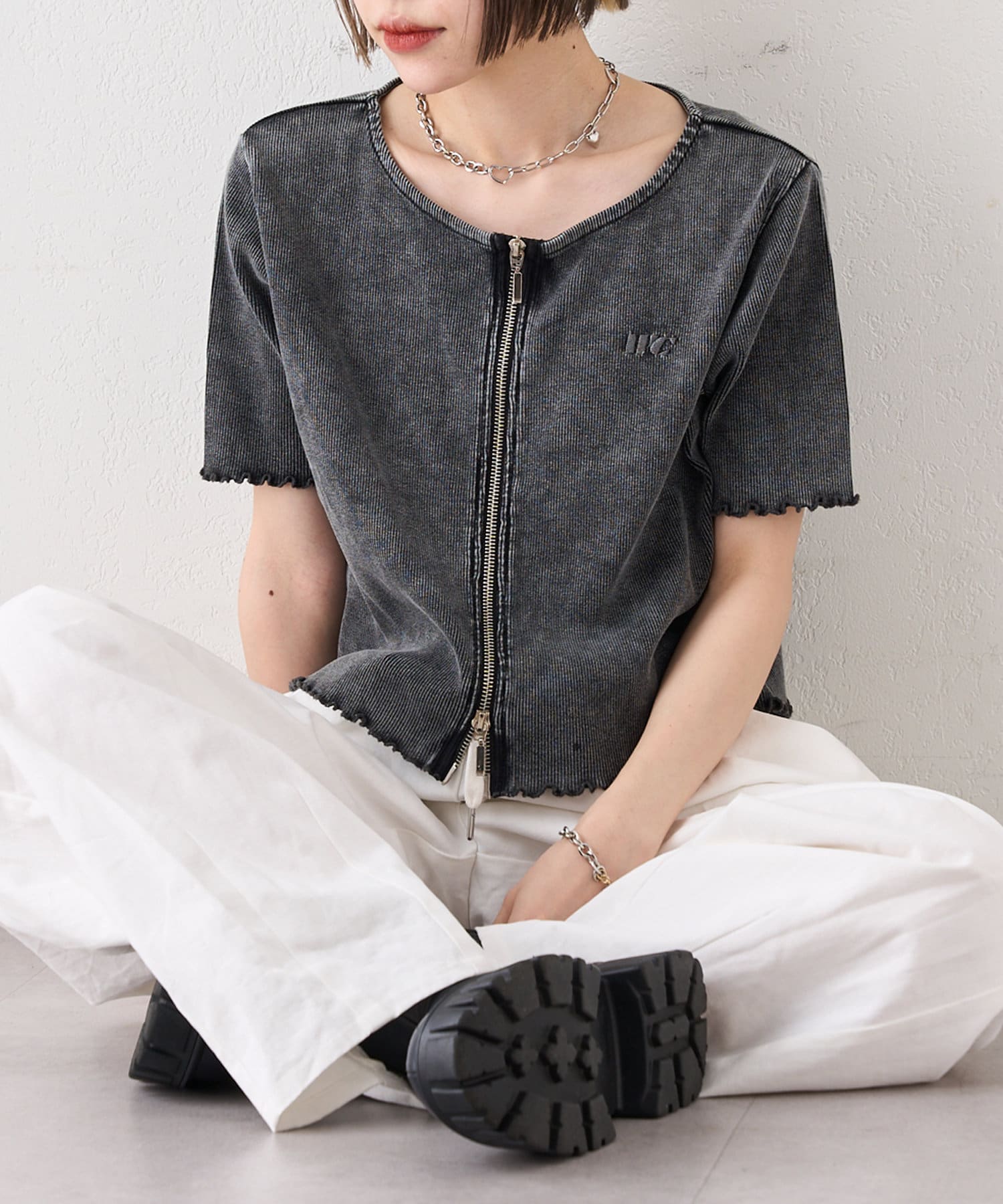 OUTLET(アウトレット) 【w closet】半袖W ZIPリブカーデ