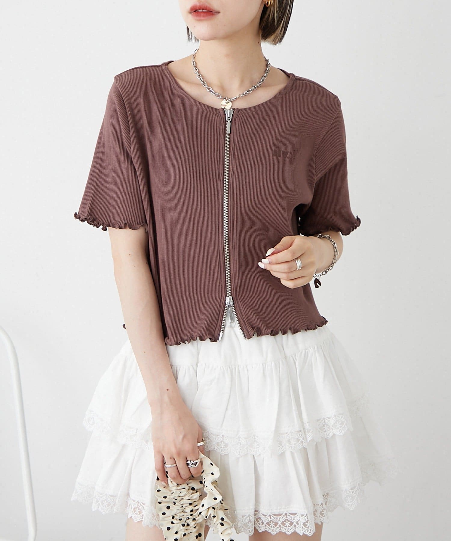 OUTLET(アウトレット) 【w closet】半袖W ZIPリブカーデ