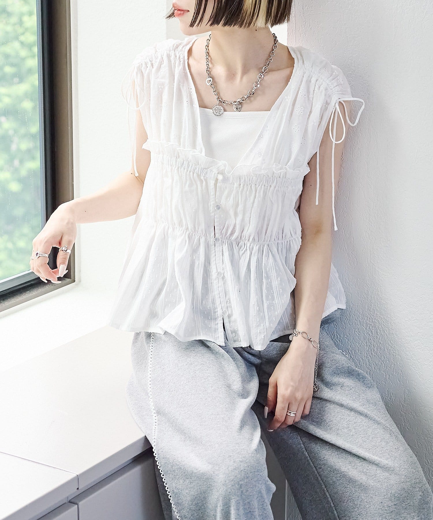 OUTLET(アウトレット) 【w closet】レース切替ドロストブラウス