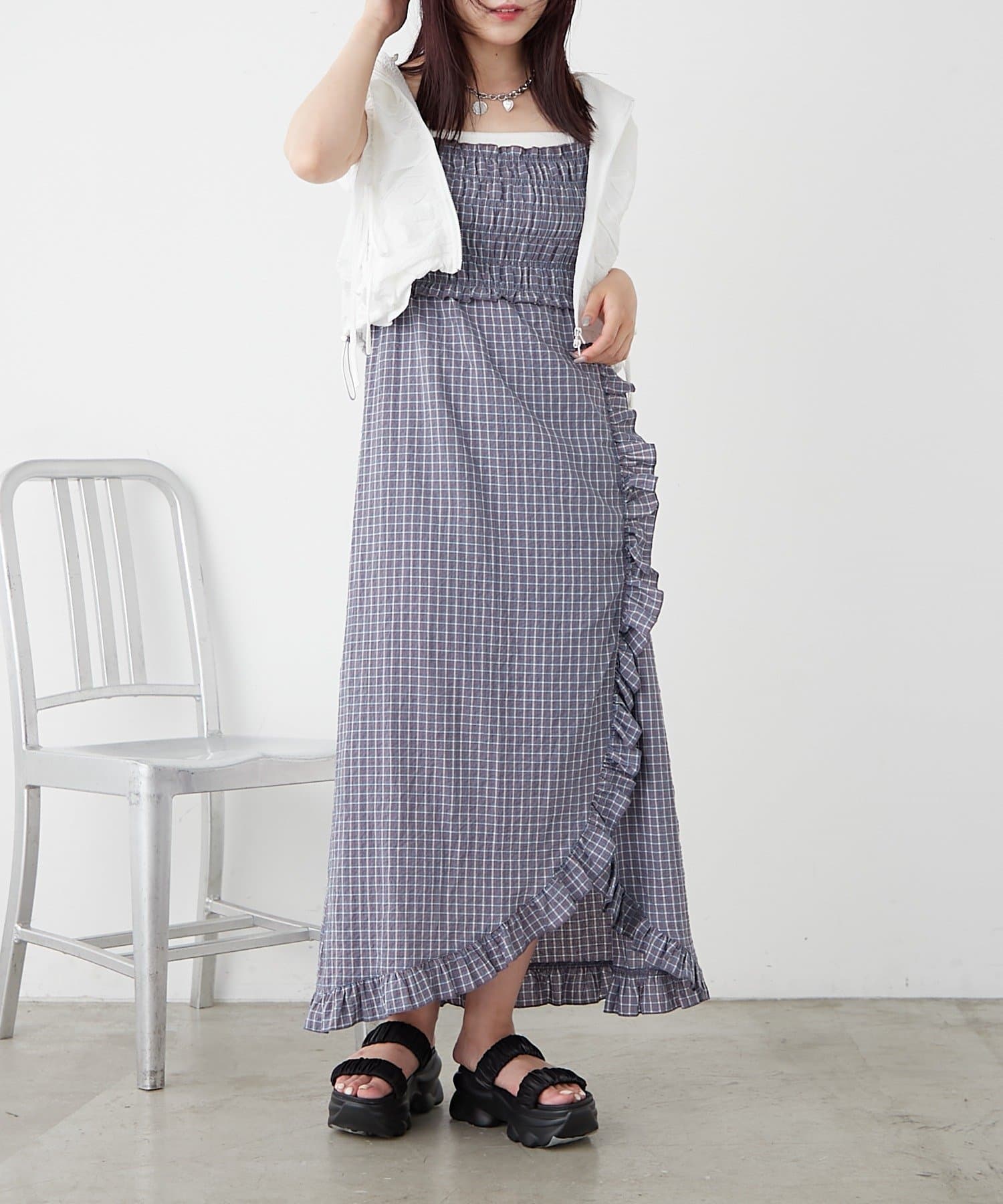 OUTLET(アウトレット) 【w closet】シャーリングチェックキャミOP