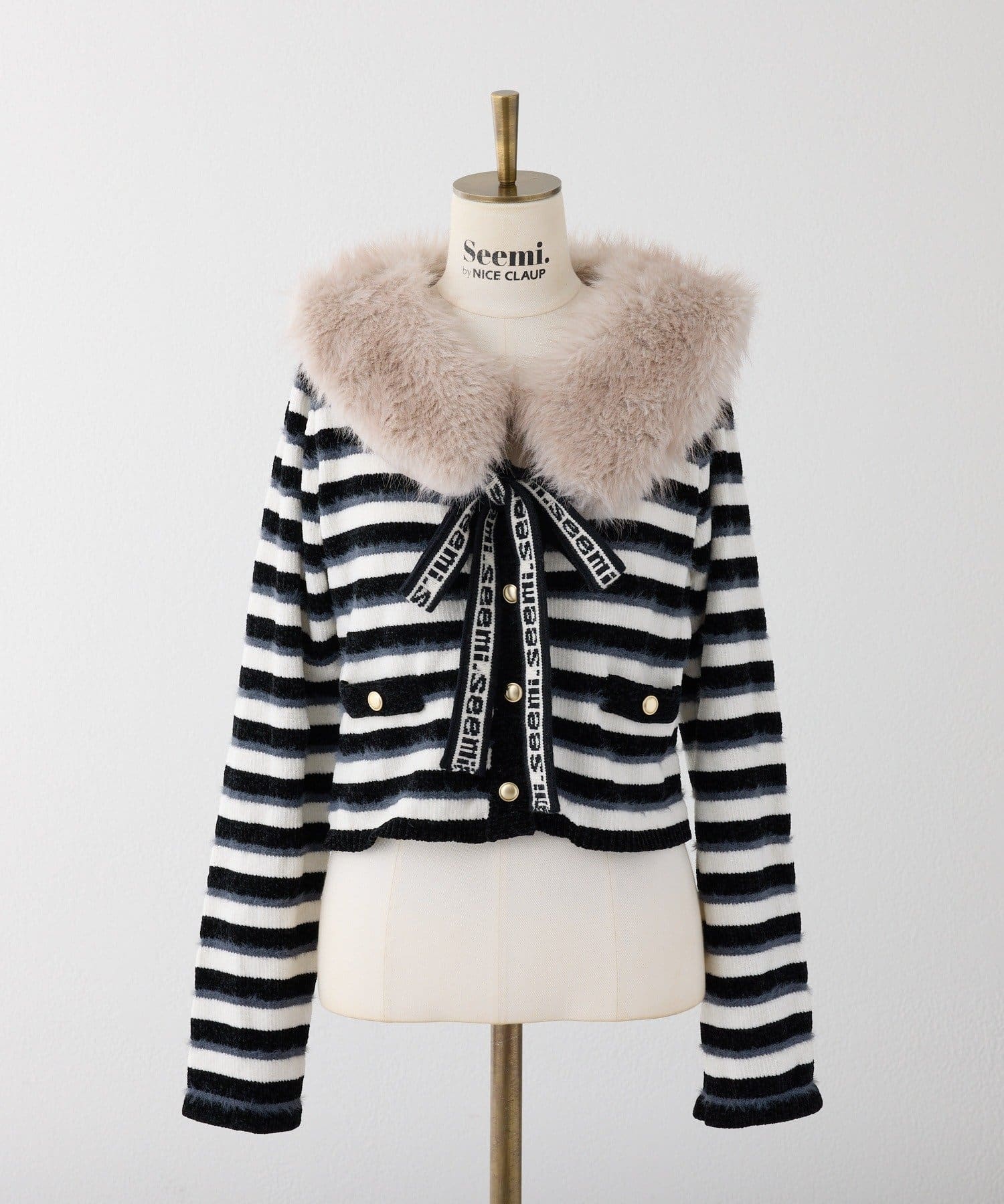 Seemi.by NICE CLAUP(シーミーバイナイスクラップ) 【Seemi.】ファー衿ボーダーカーデ